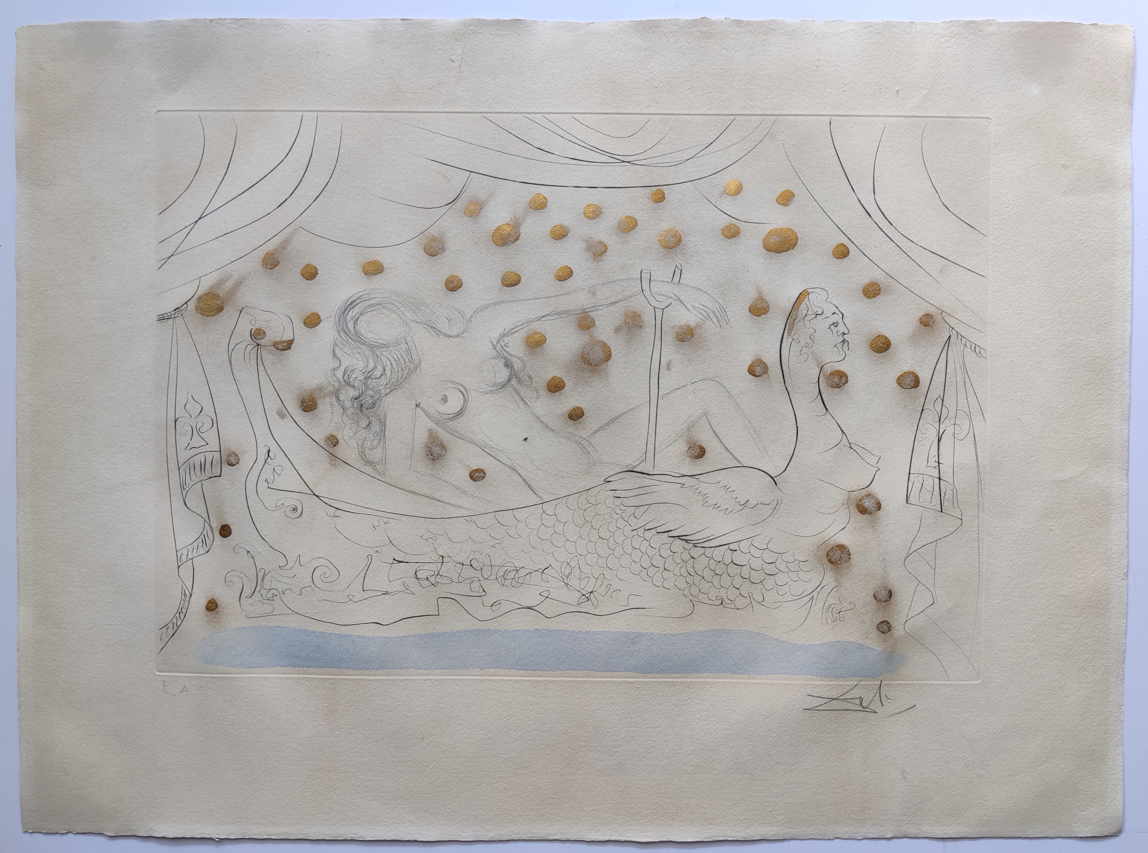 A drawing of a mermaid sitting on a boat in the water.
