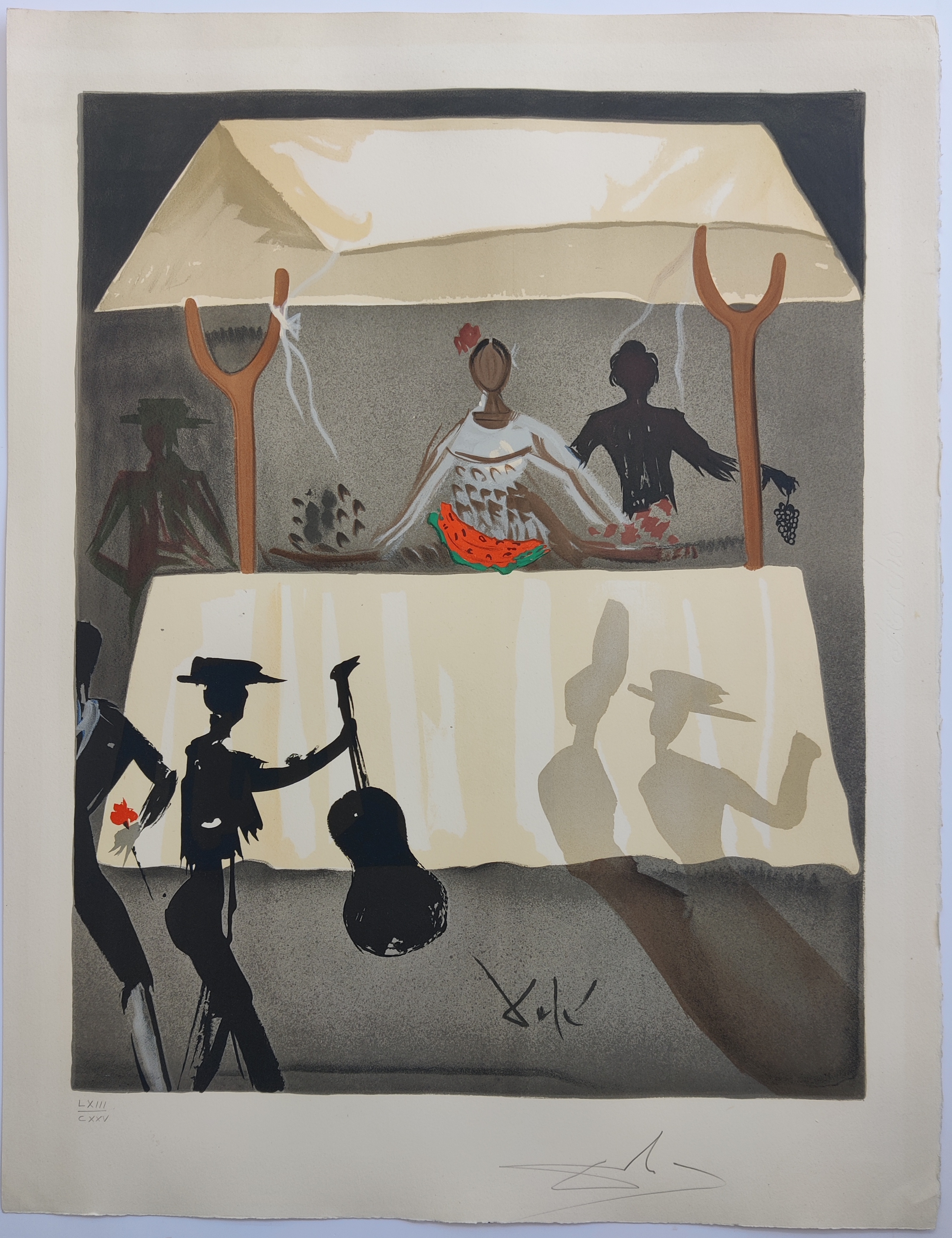 A painting of a group of people in front of a tent.