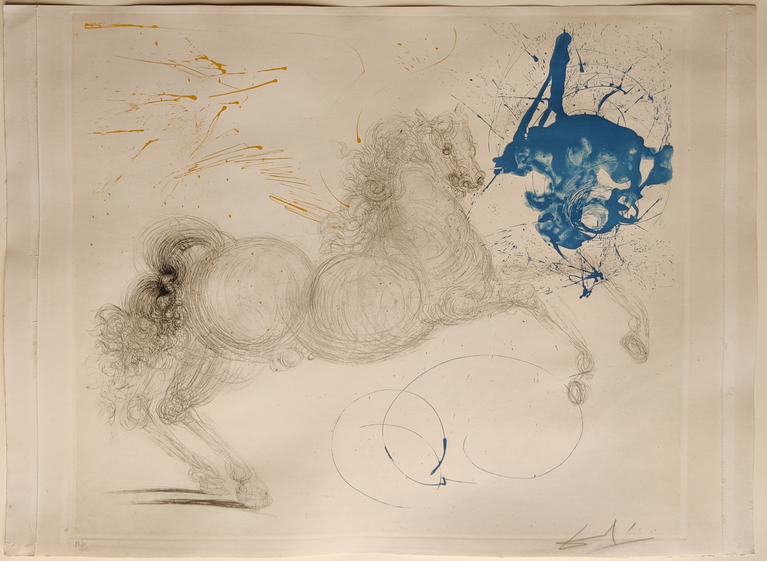 A drawing of a horse with blue paint splatters on it's back.