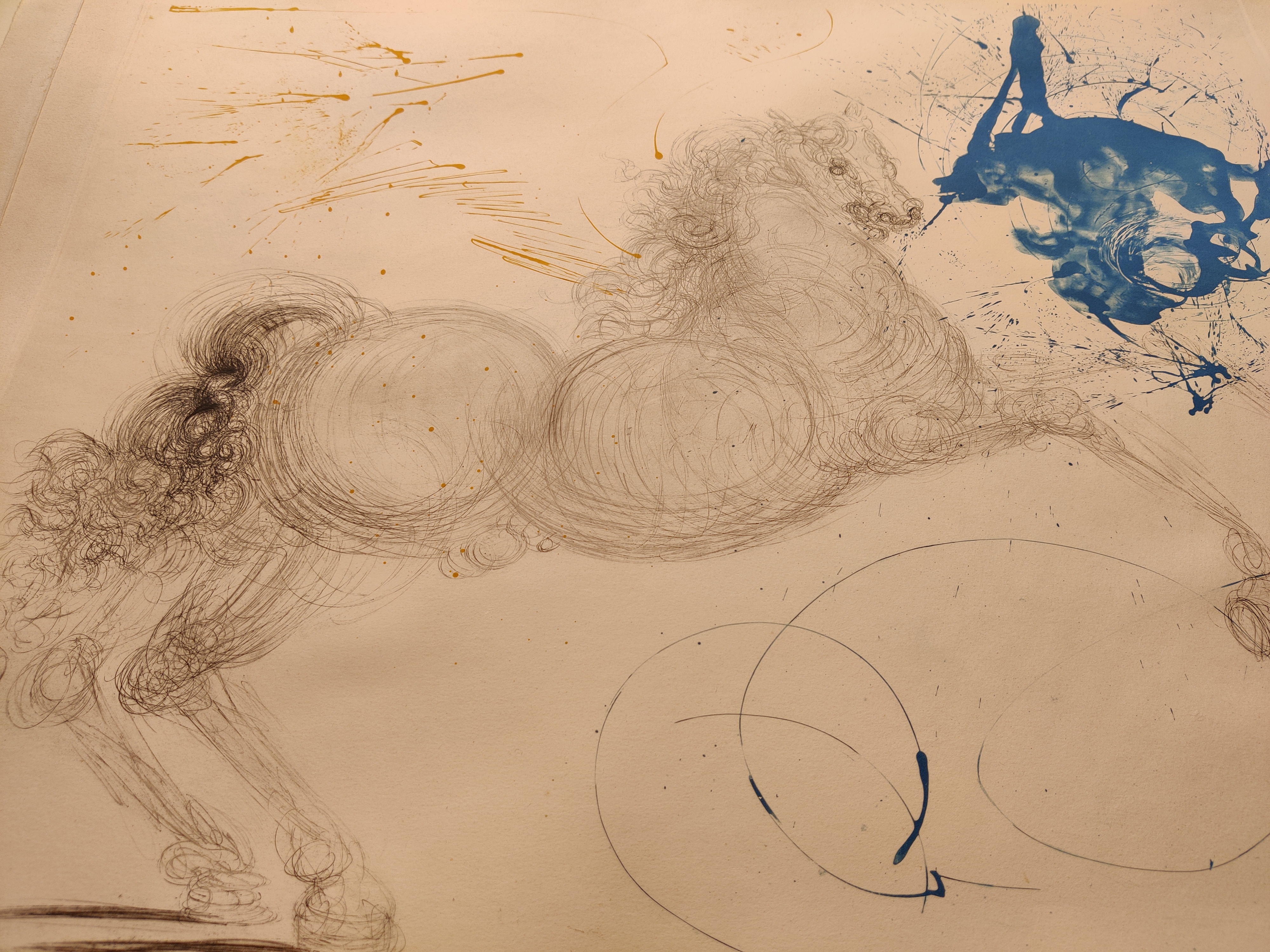 A drawing of a horse with blue paint splatters on it's back.