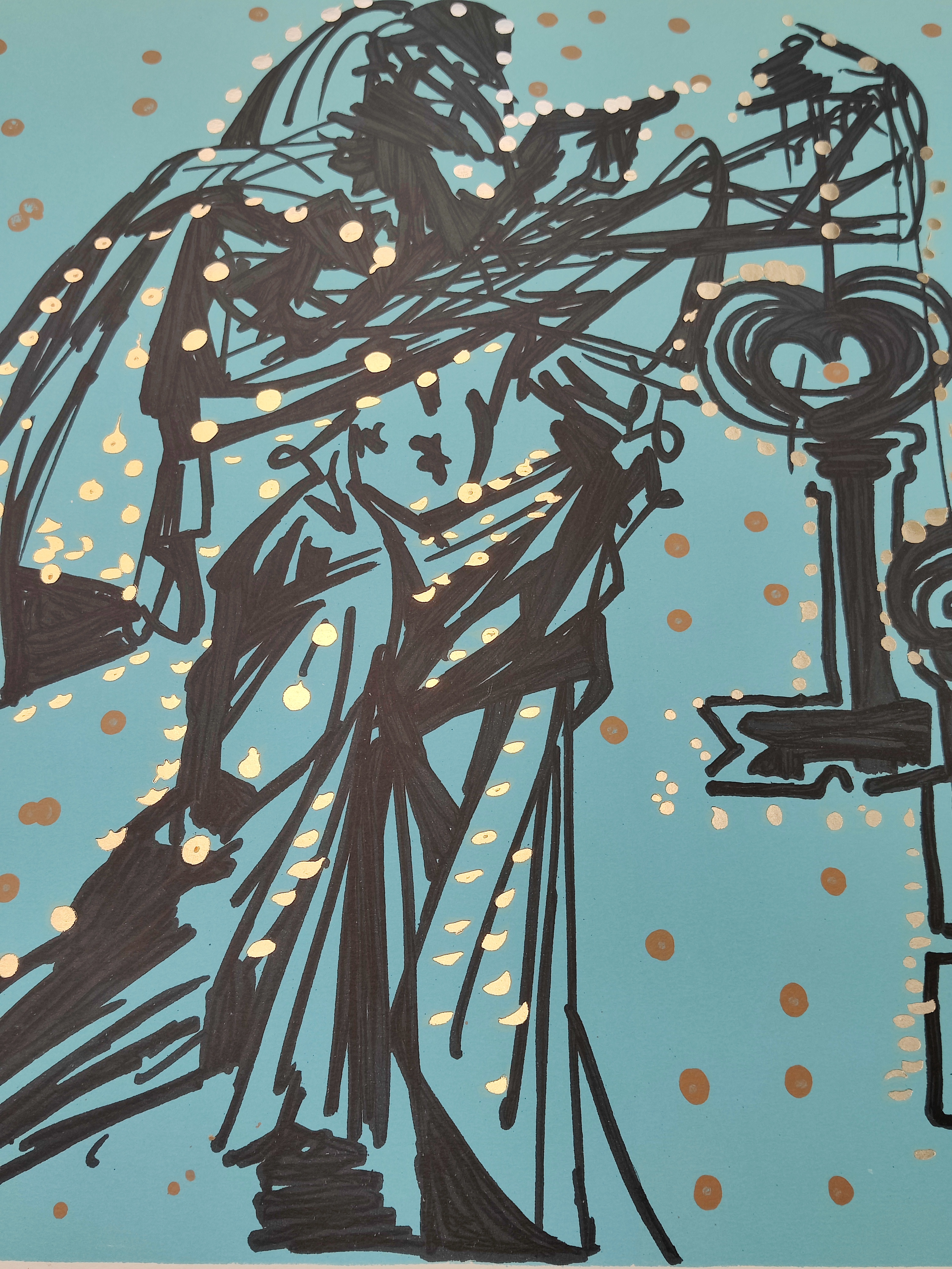 A stylized print of a figure holding a large key against a turquoise background.