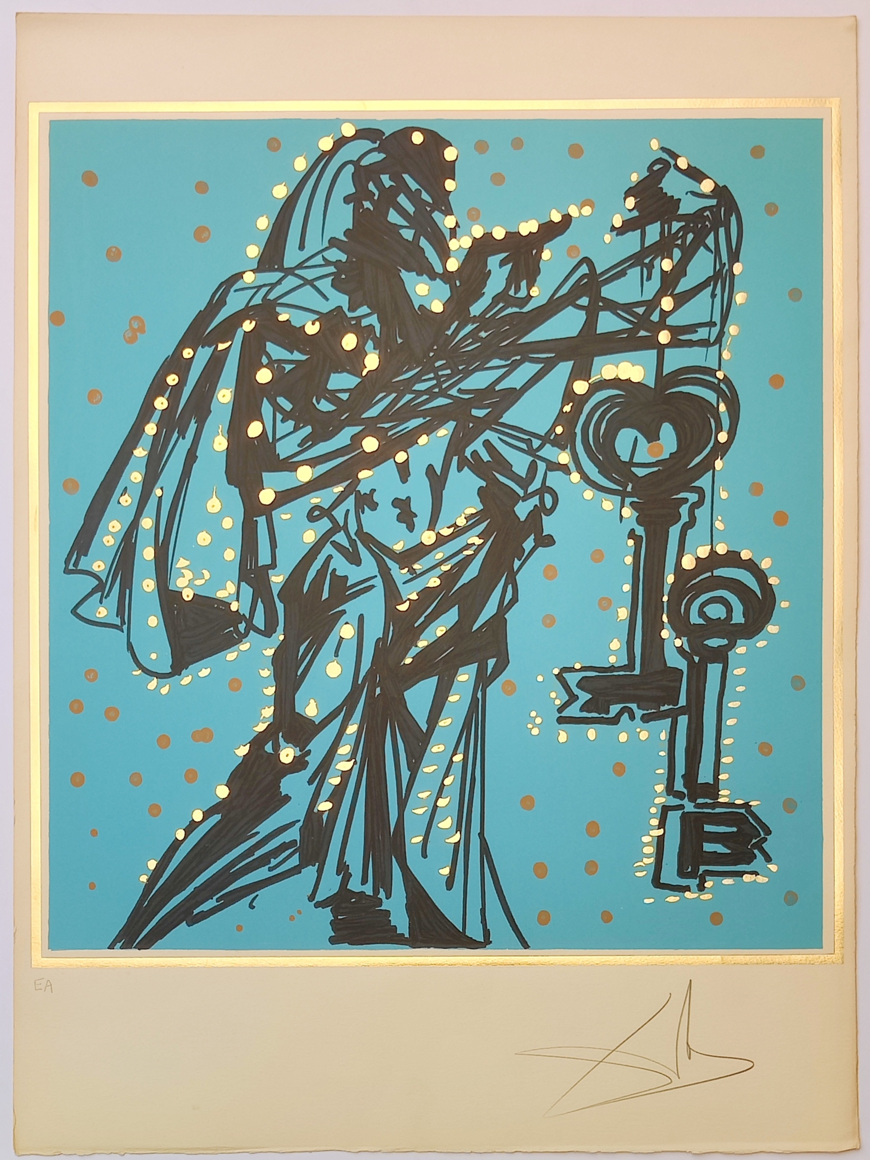 A stylized print of a figure holding a large key against a turquoise background.
