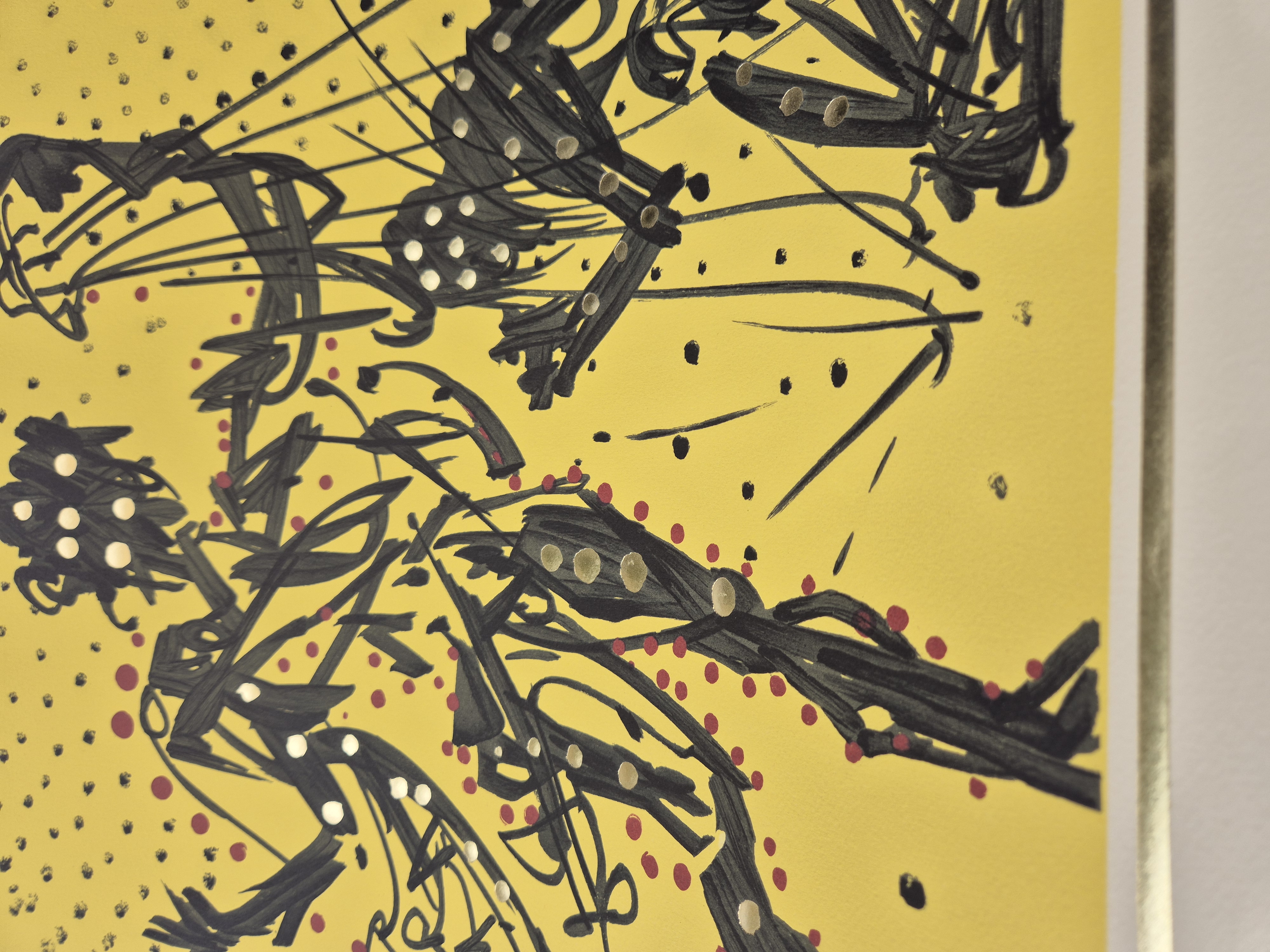 A black and yellow painting on a yellow background.