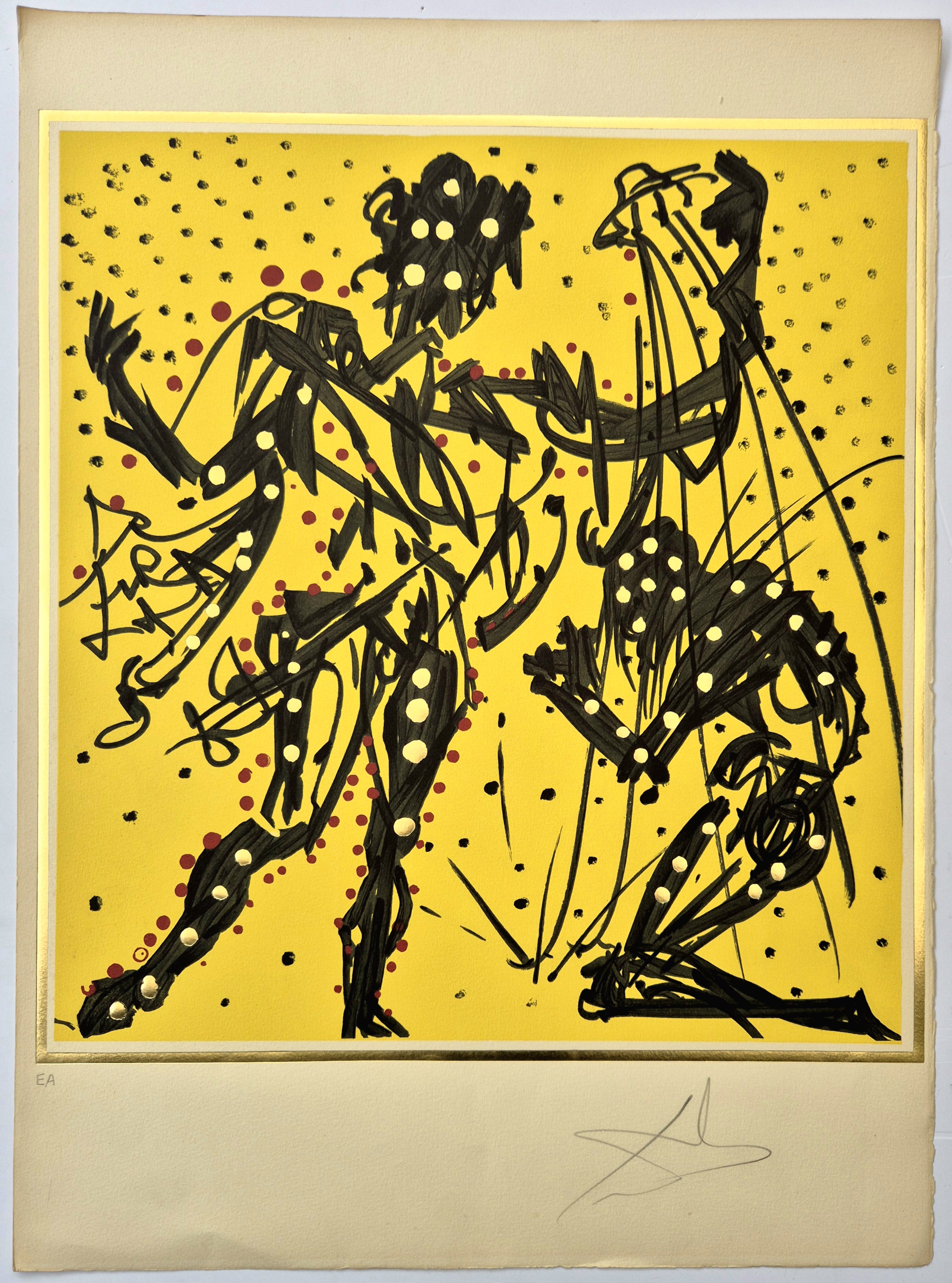 A black and yellow painting on a yellow background.