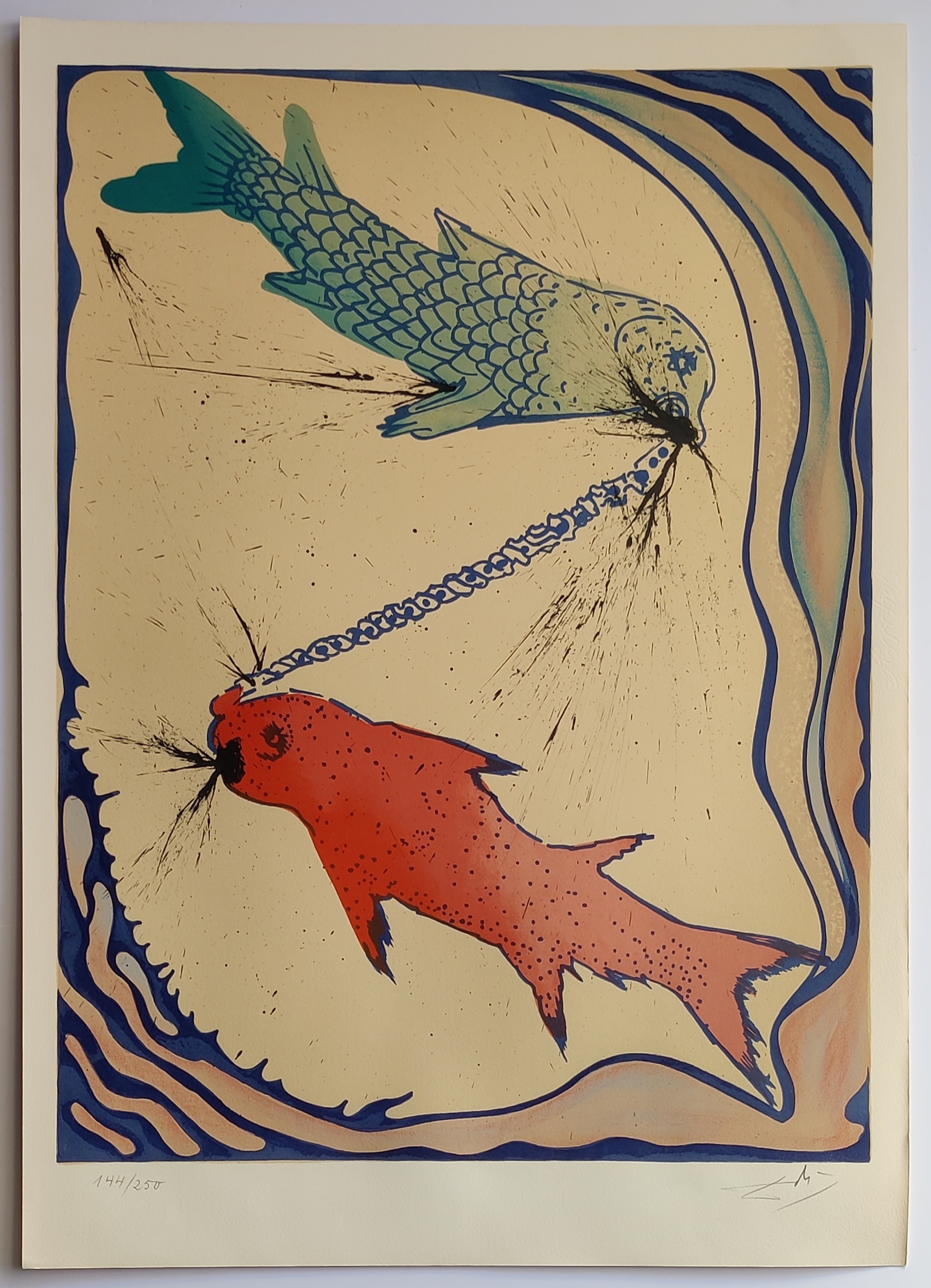 A graphic print of two fish connected by a chain in an underwater scene.