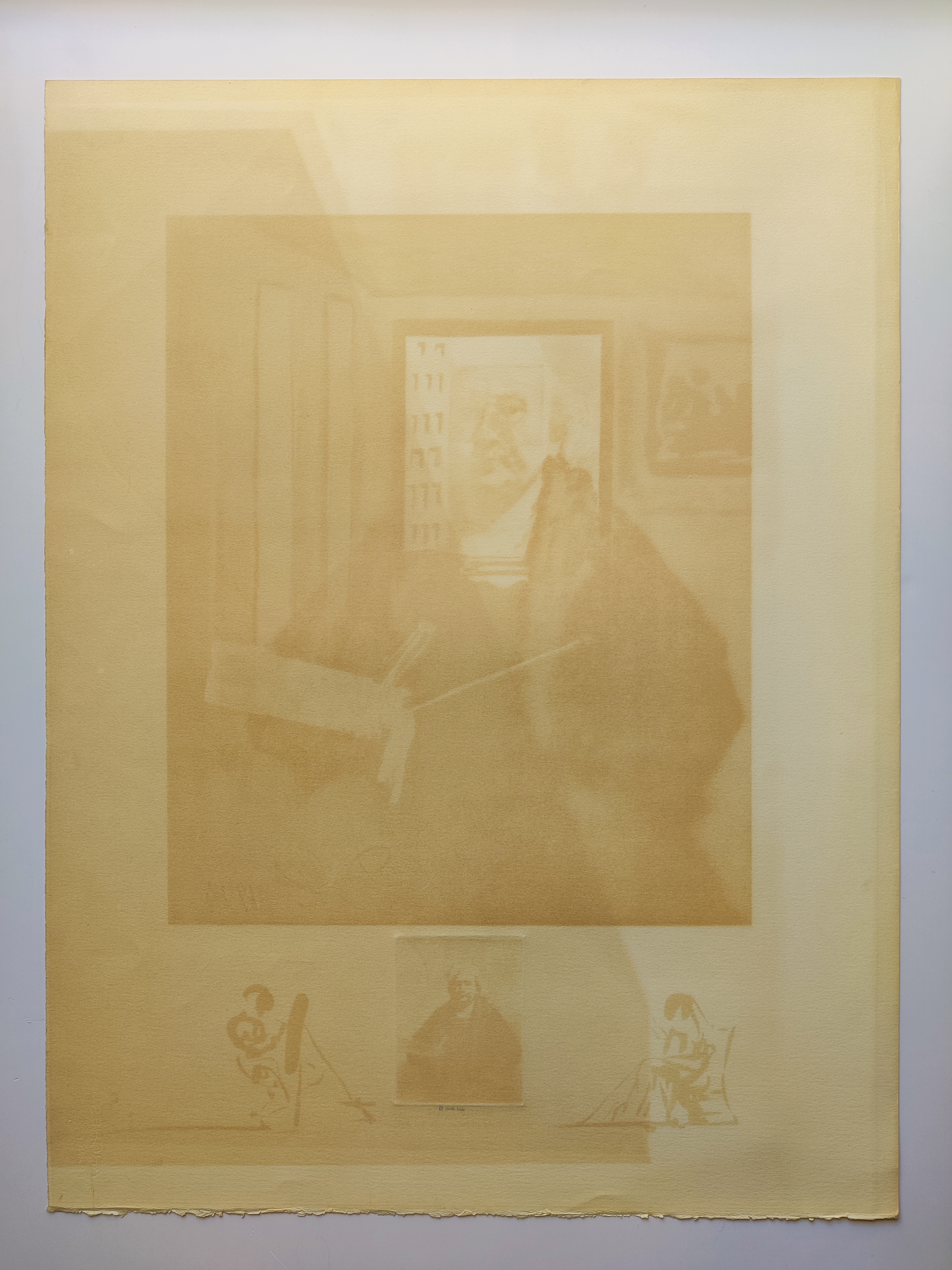 A surreal composition featuring a figure in a dark robe holding a mirror reflecting a face, accompanied by smaller illustrative scenes below.