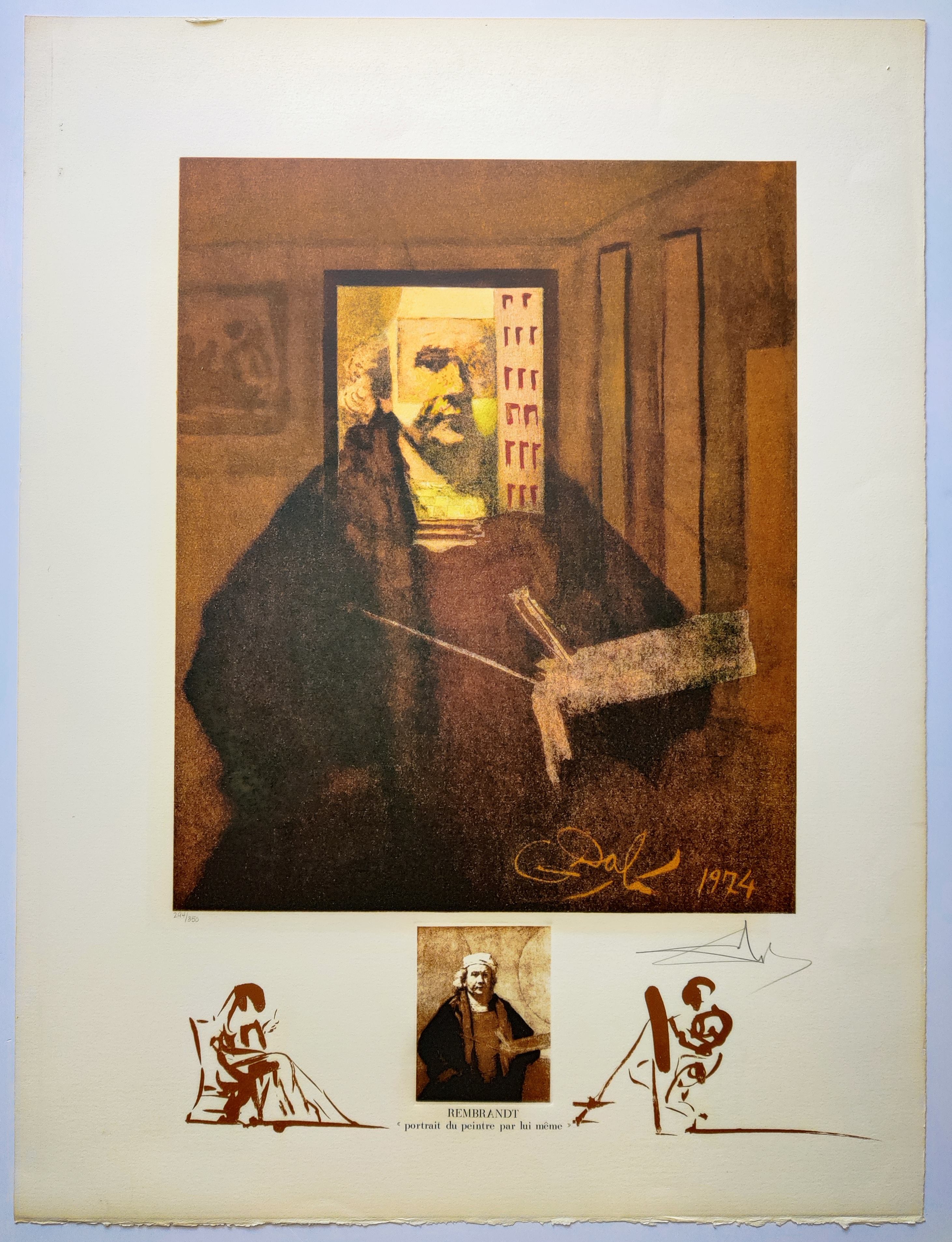 A surreal composition featuring a figure in a dark robe holding a mirror reflecting a face, accompanied by smaller illustrative scenes below.