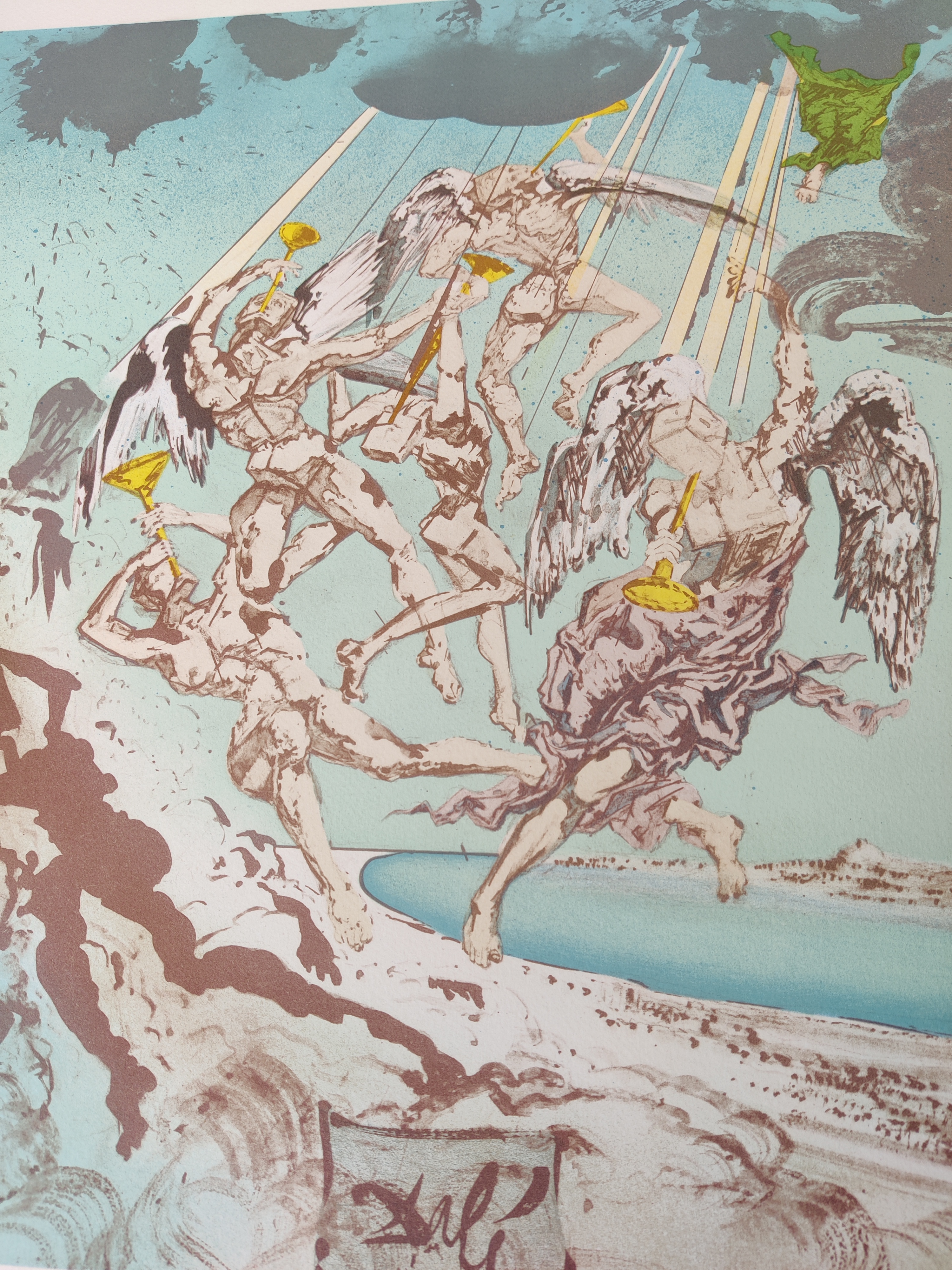 A drawing of a group of people on a beach.