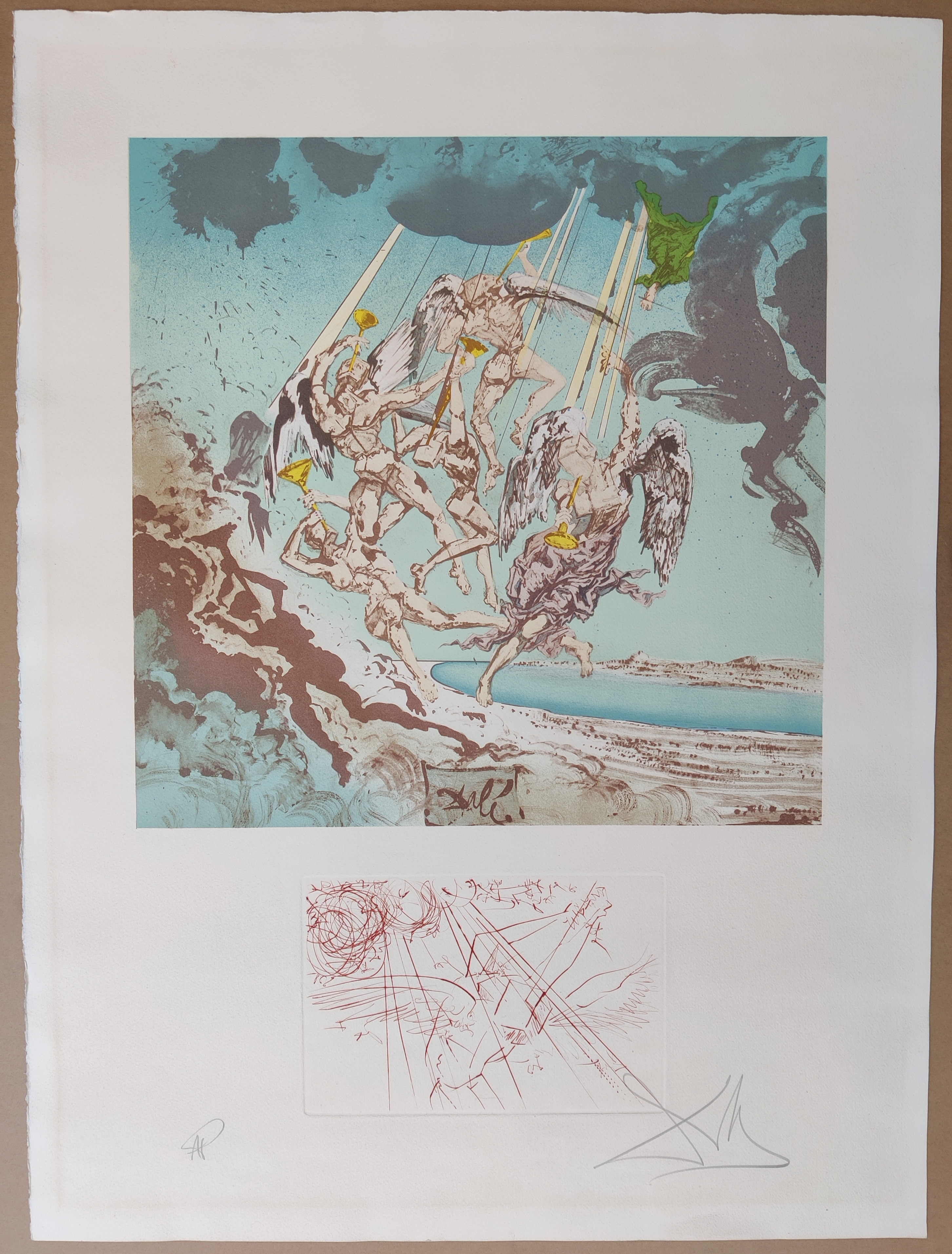 A drawing of a group of people on a beach.