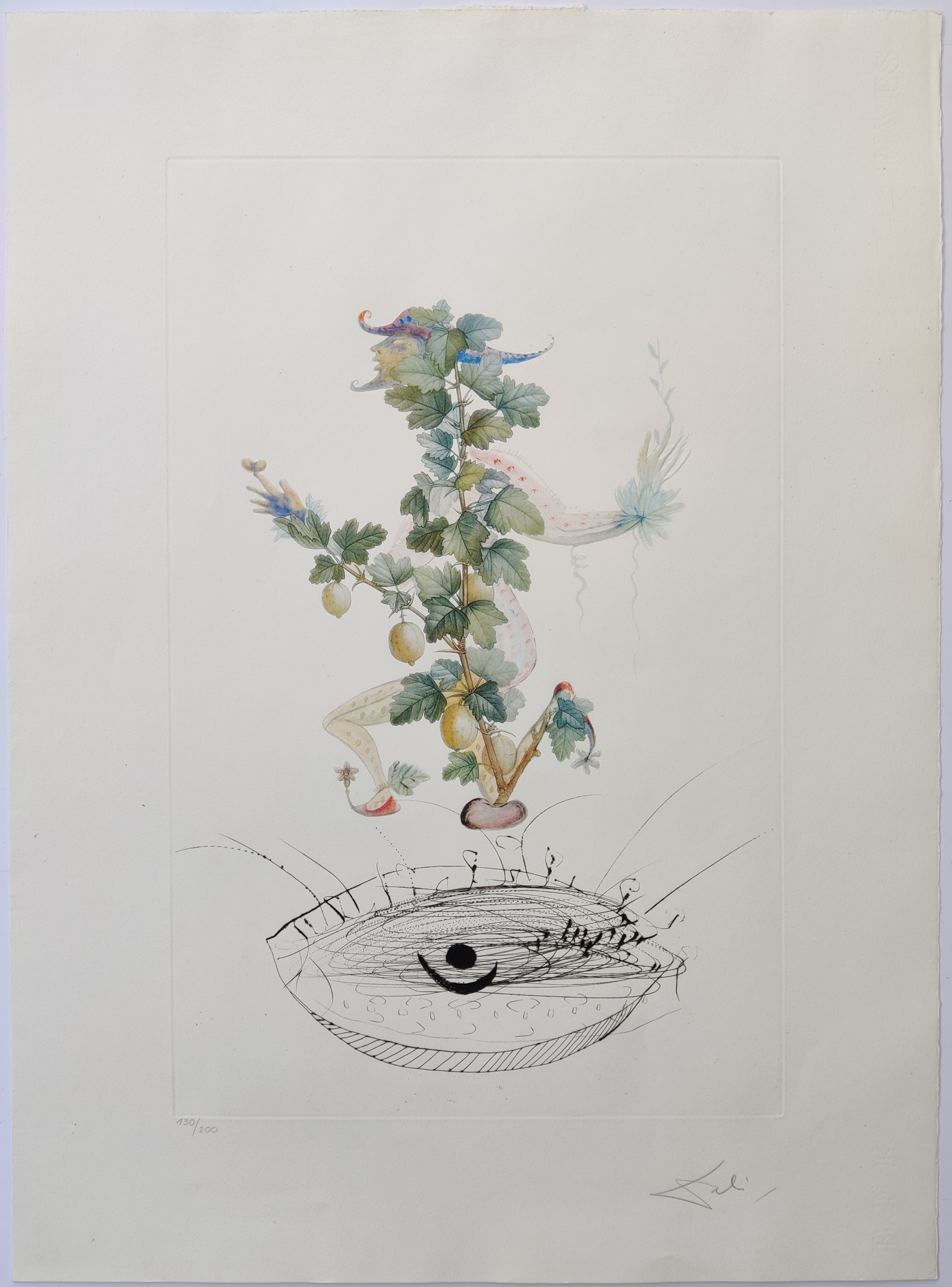A drawing of a plant in a bowl on a table.