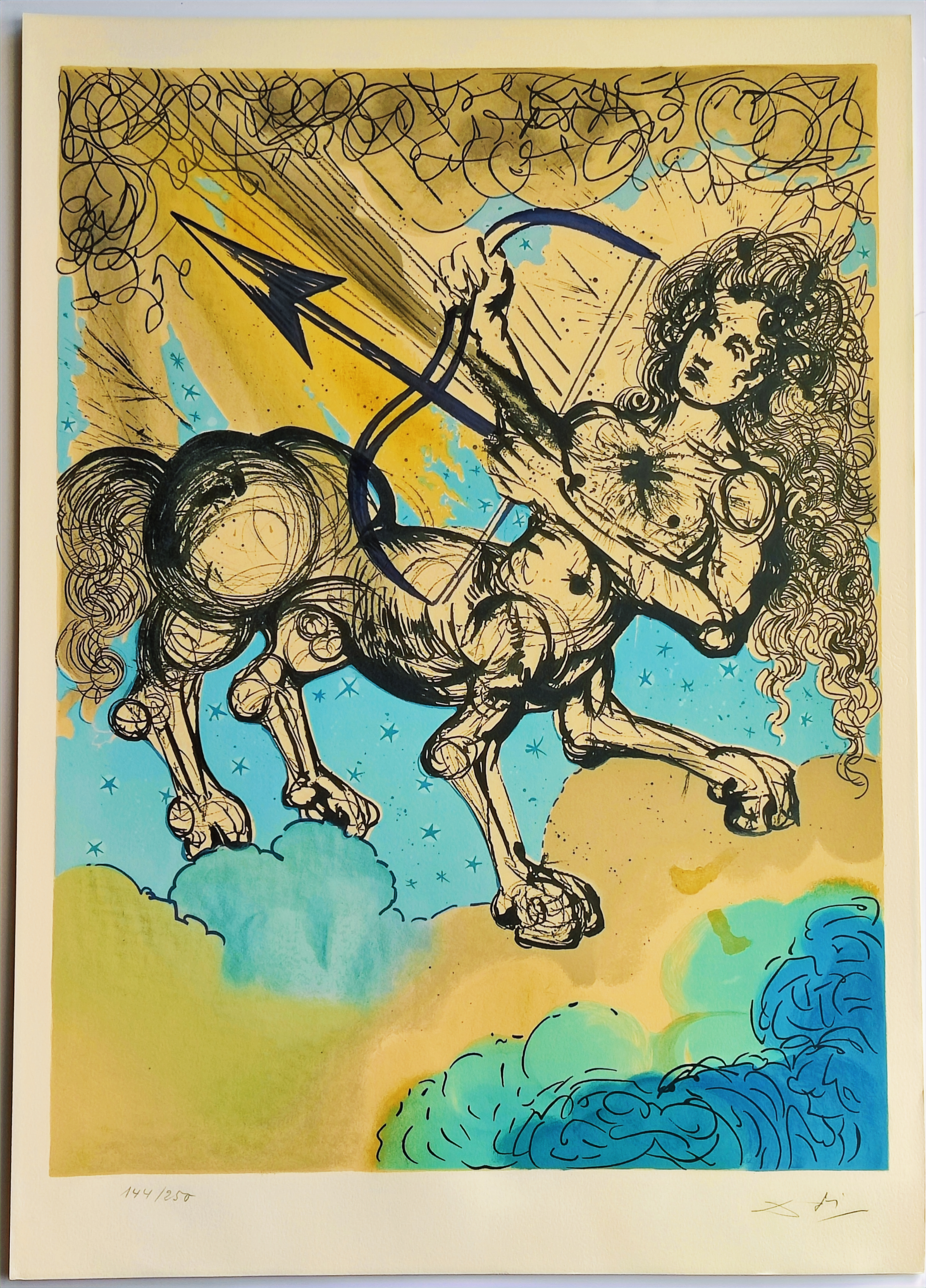 A mythological hybrid figure with a horse body and human torso aims a bow against a starry sky.