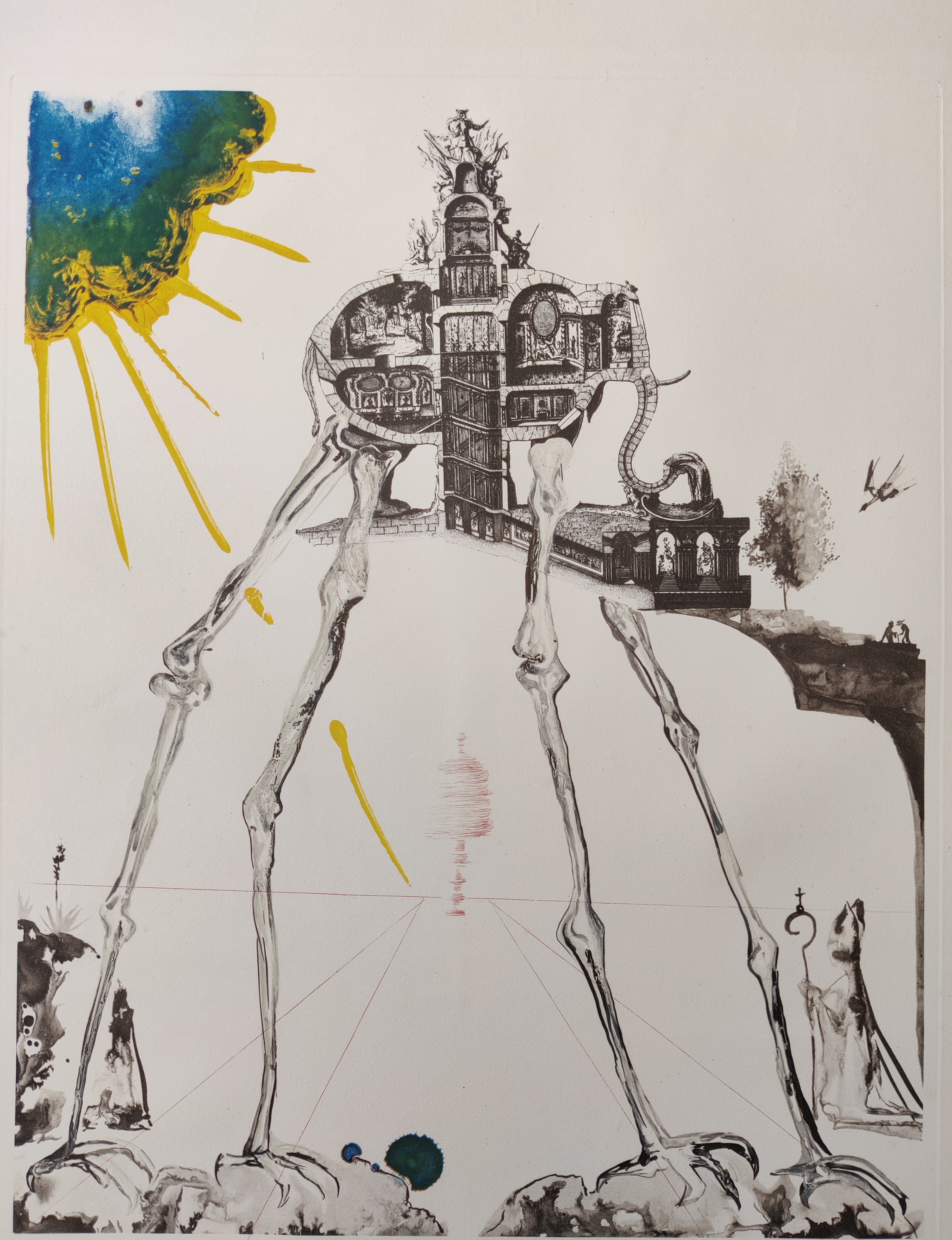 A drawing of a skeleton standing in front of a building.