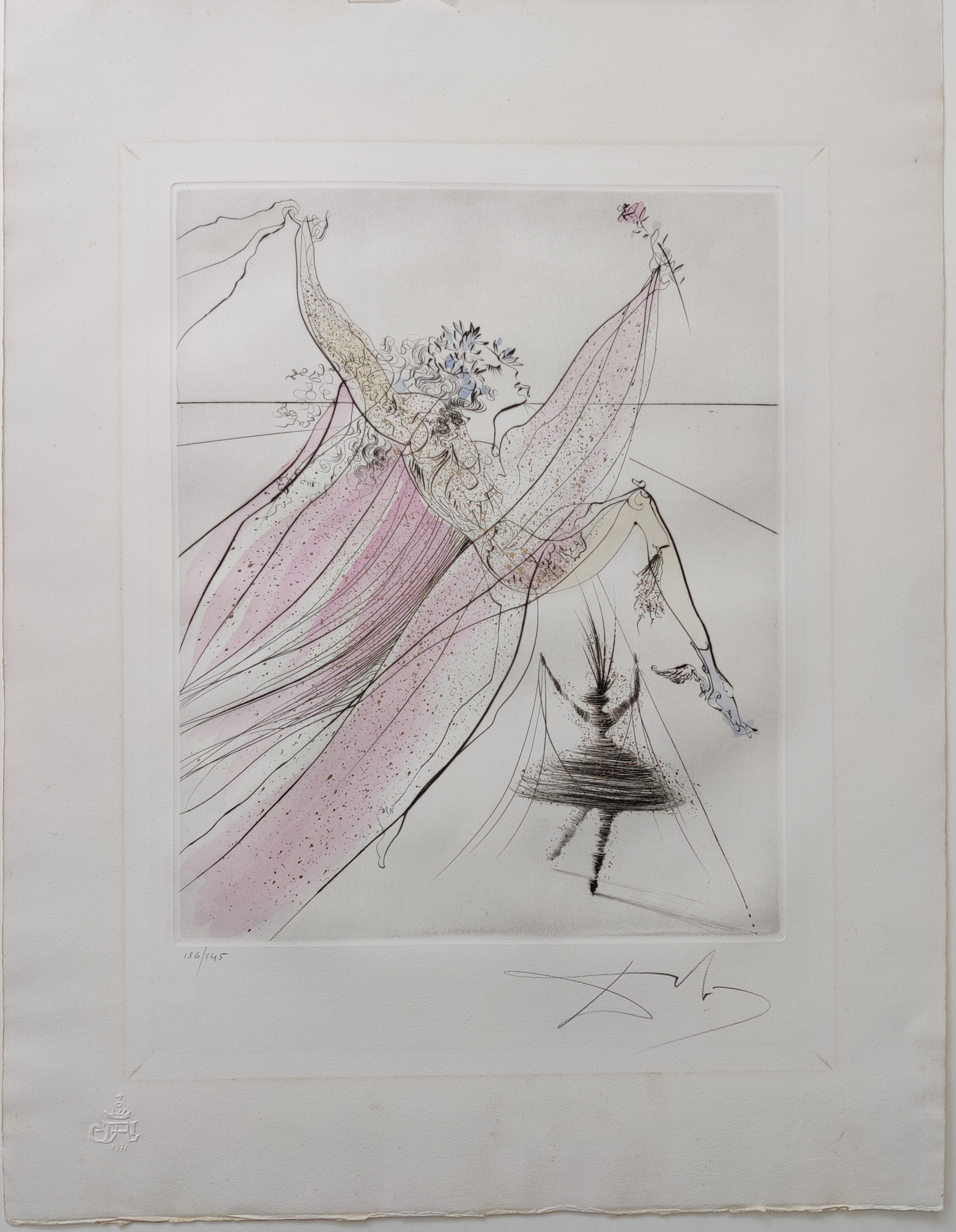 A drawing of a woman in a pink dress holding a flower.