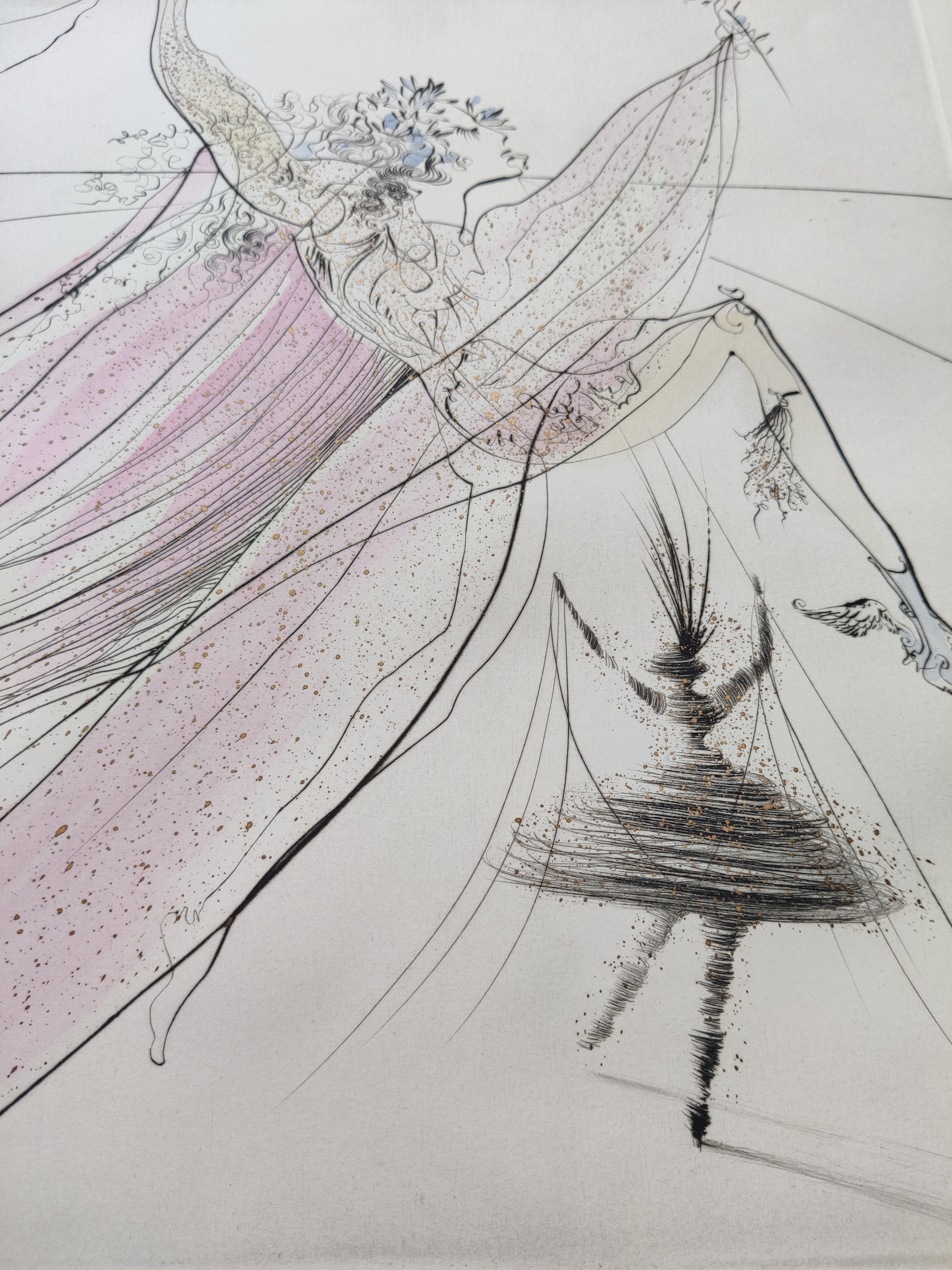 A drawing of a woman in a pink dress holding a flower.