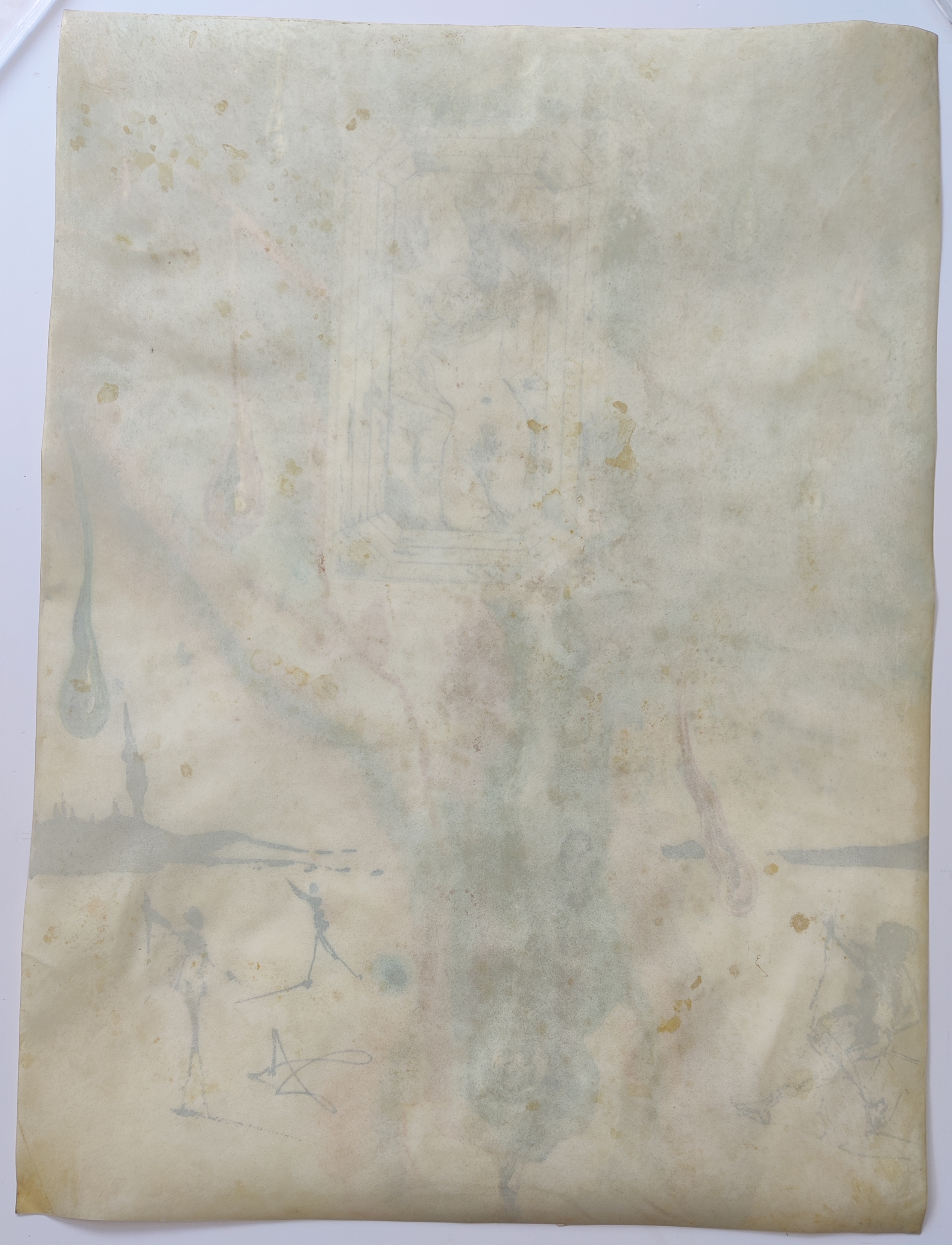 A painting on a piece of paper with a picture of a woman in a window.