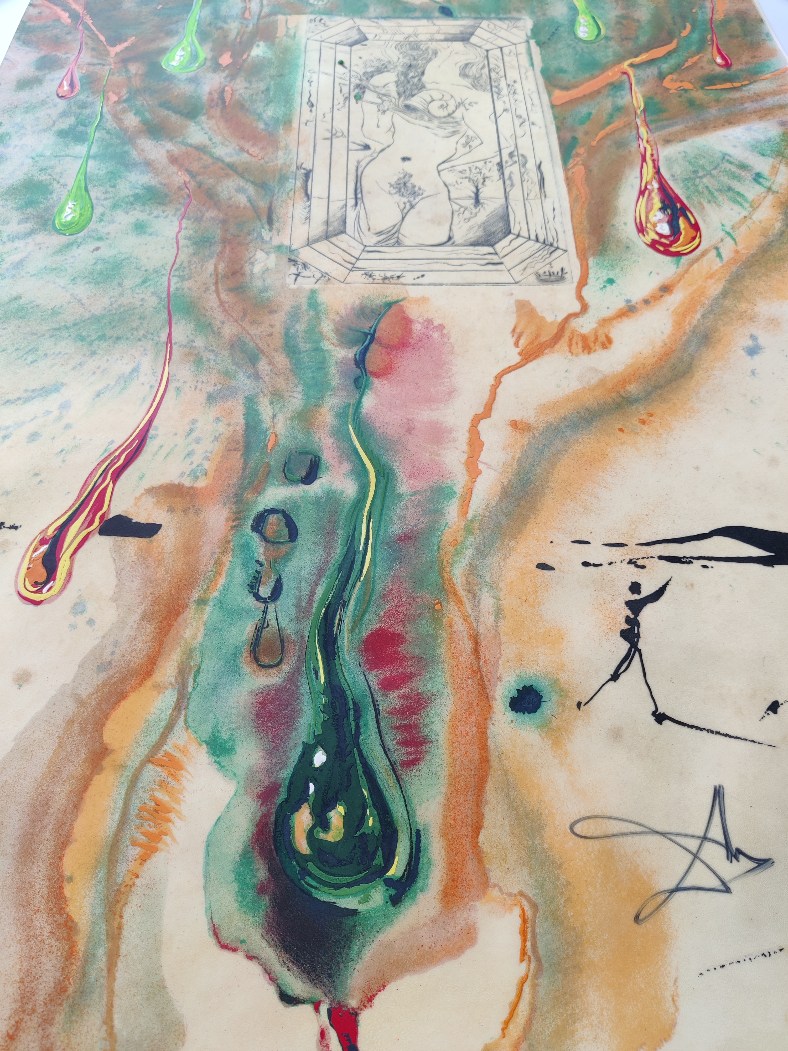 A painting on a piece of paper with a picture of a woman in a window.