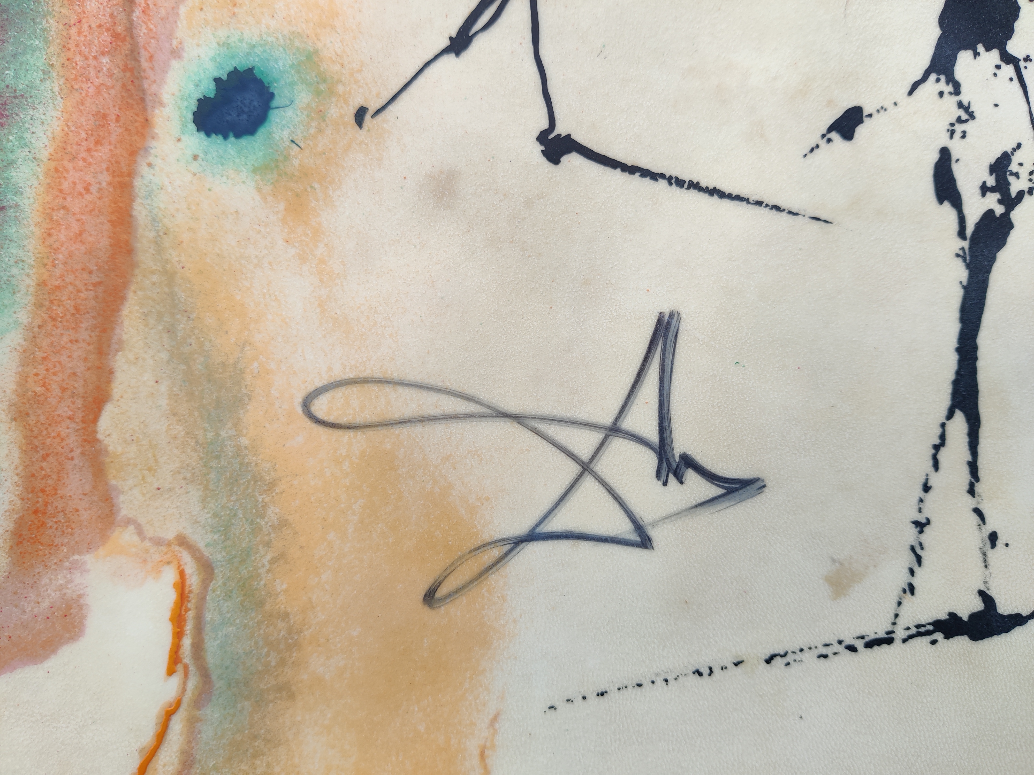 A painting on a piece of paper with a picture of a woman in a window.