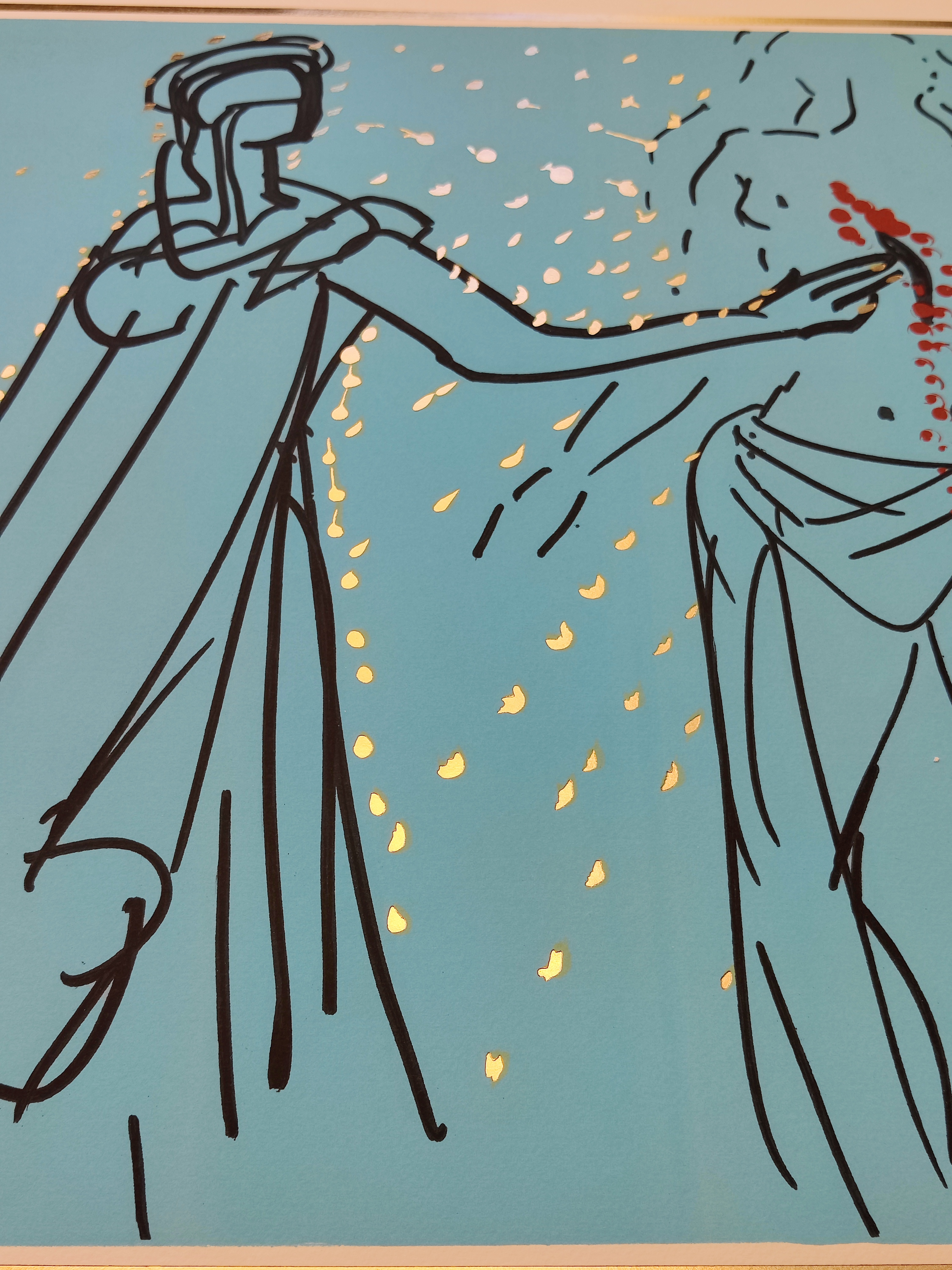 A stylized graphic print of a figure in classical robes holding a red object against a blue background.