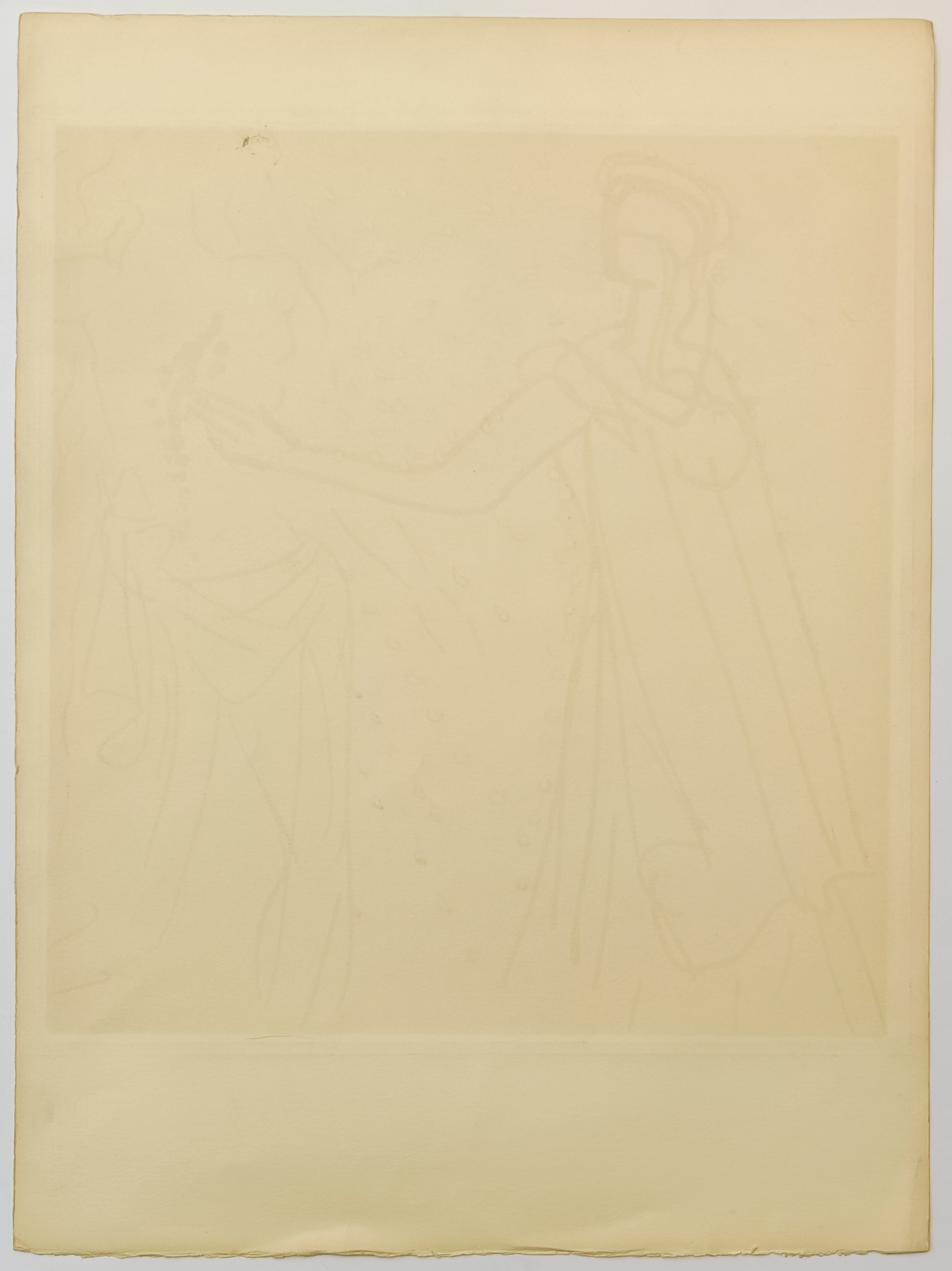 A stylized graphic print of a figure in classical robes holding a red object against a blue background.