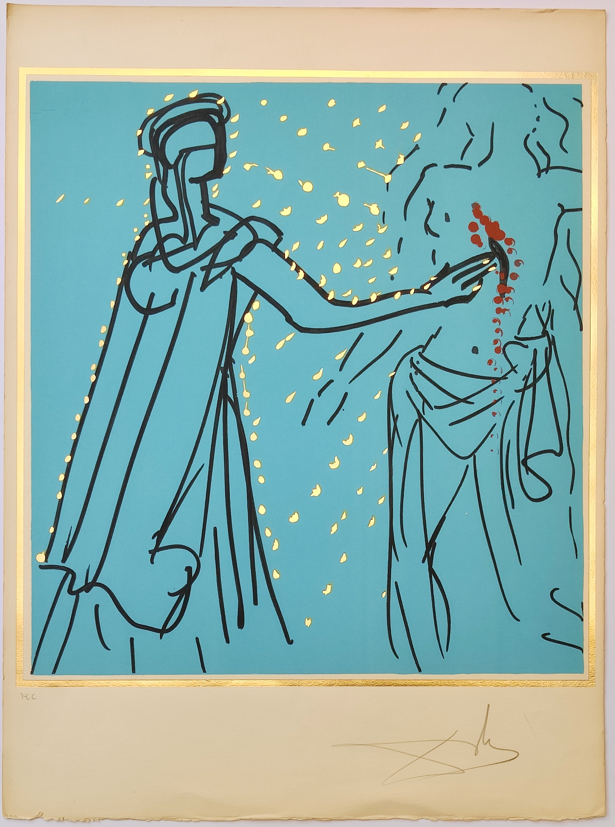 A stylized graphic print of a figure in classical robes holding a red object against a blue background.