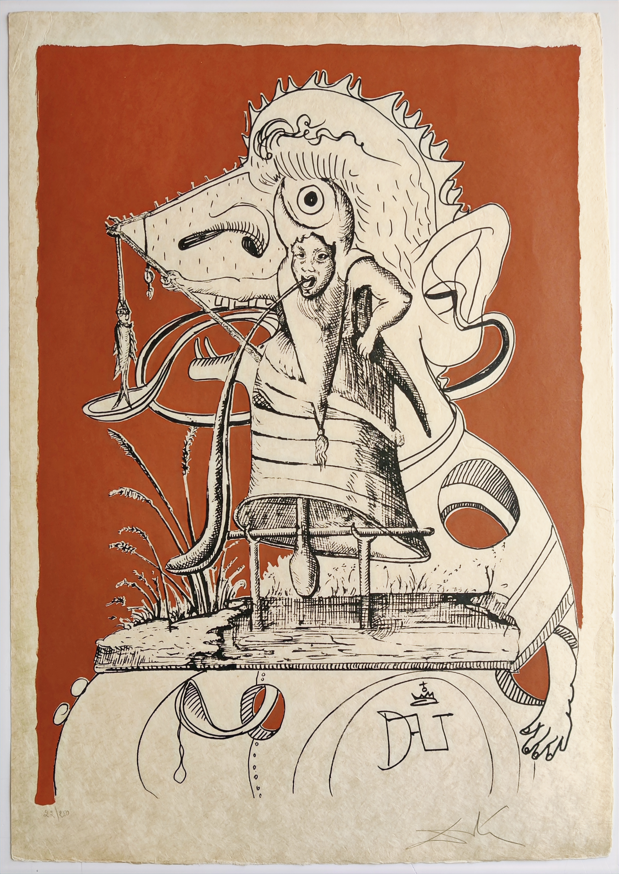 A surreal woodcut print featuring a large, spiky animal head with a human figure emerging from its mouth.
