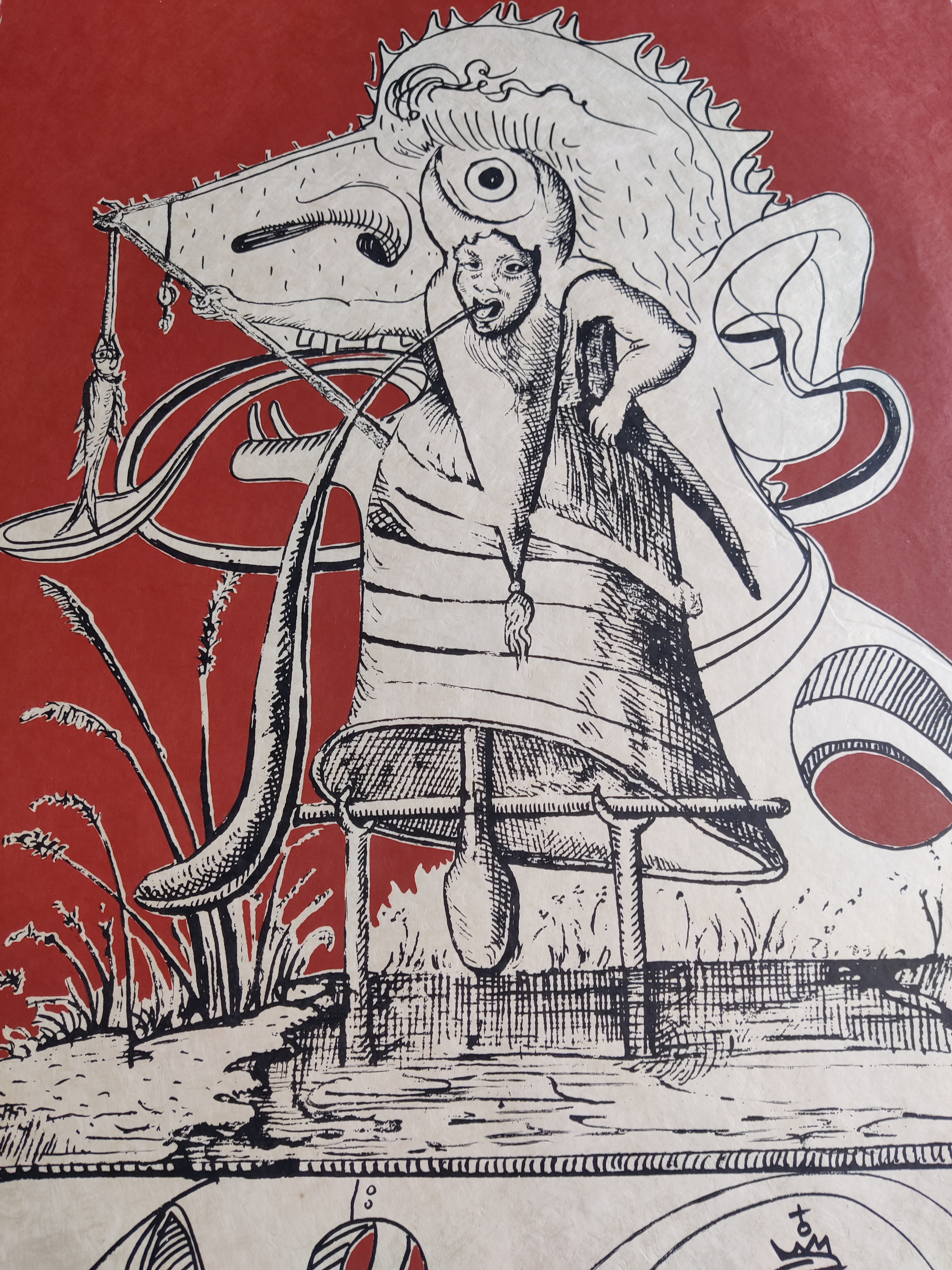 A surreal woodcut print featuring a large, spiky animal head with a human figure emerging from its mouth.