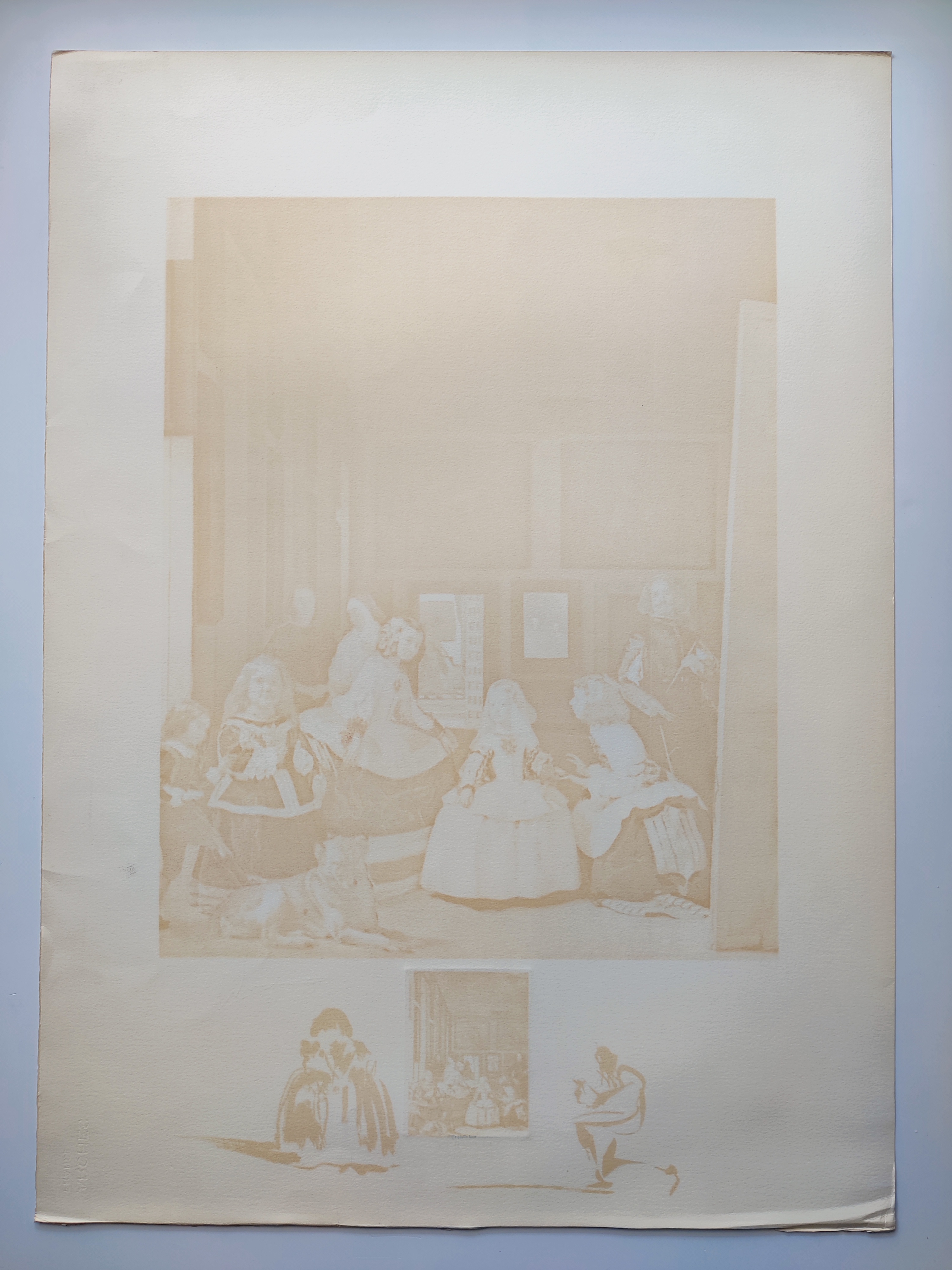 A framed print of a crowded interior scene with figures in period clothing, accompanied by three smaller black-and-white sketches at the bottom.