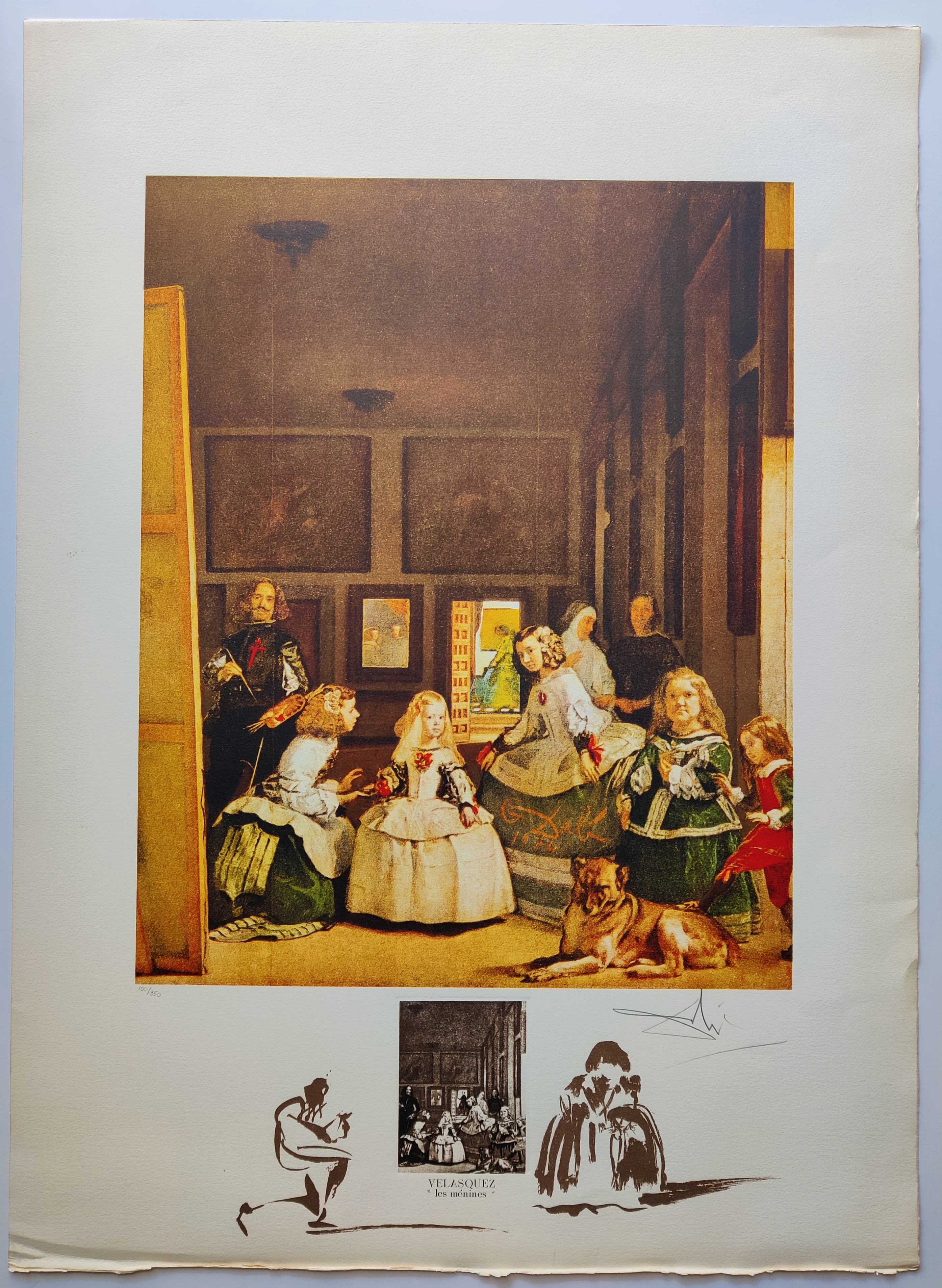 A framed print of a crowded interior scene with figures in period clothing, accompanied by three smaller black-and-white sketches at the bottom.