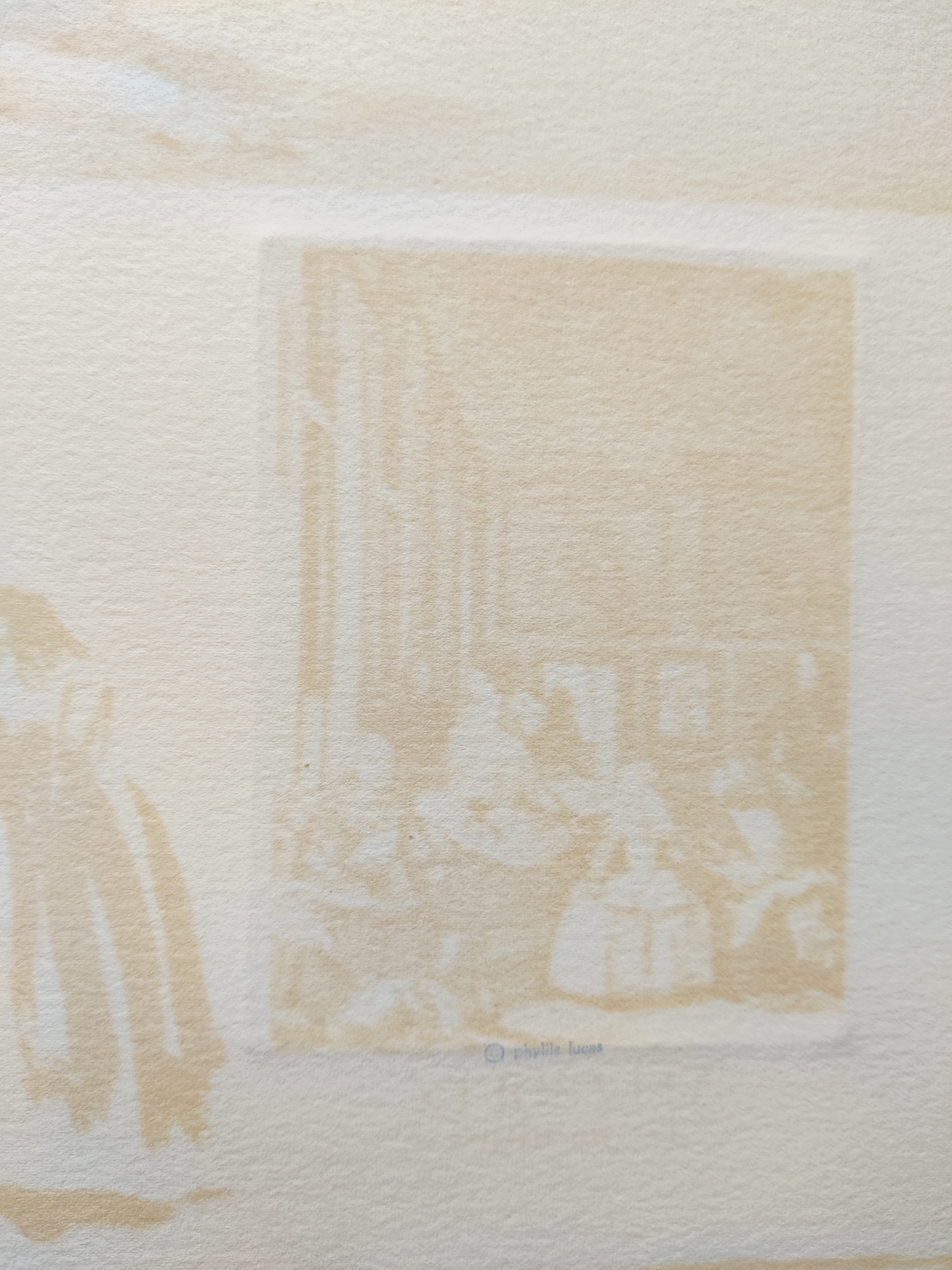 A framed print of a crowded interior scene with figures in period clothing, accompanied by three smaller black-and-white sketches at the bottom.