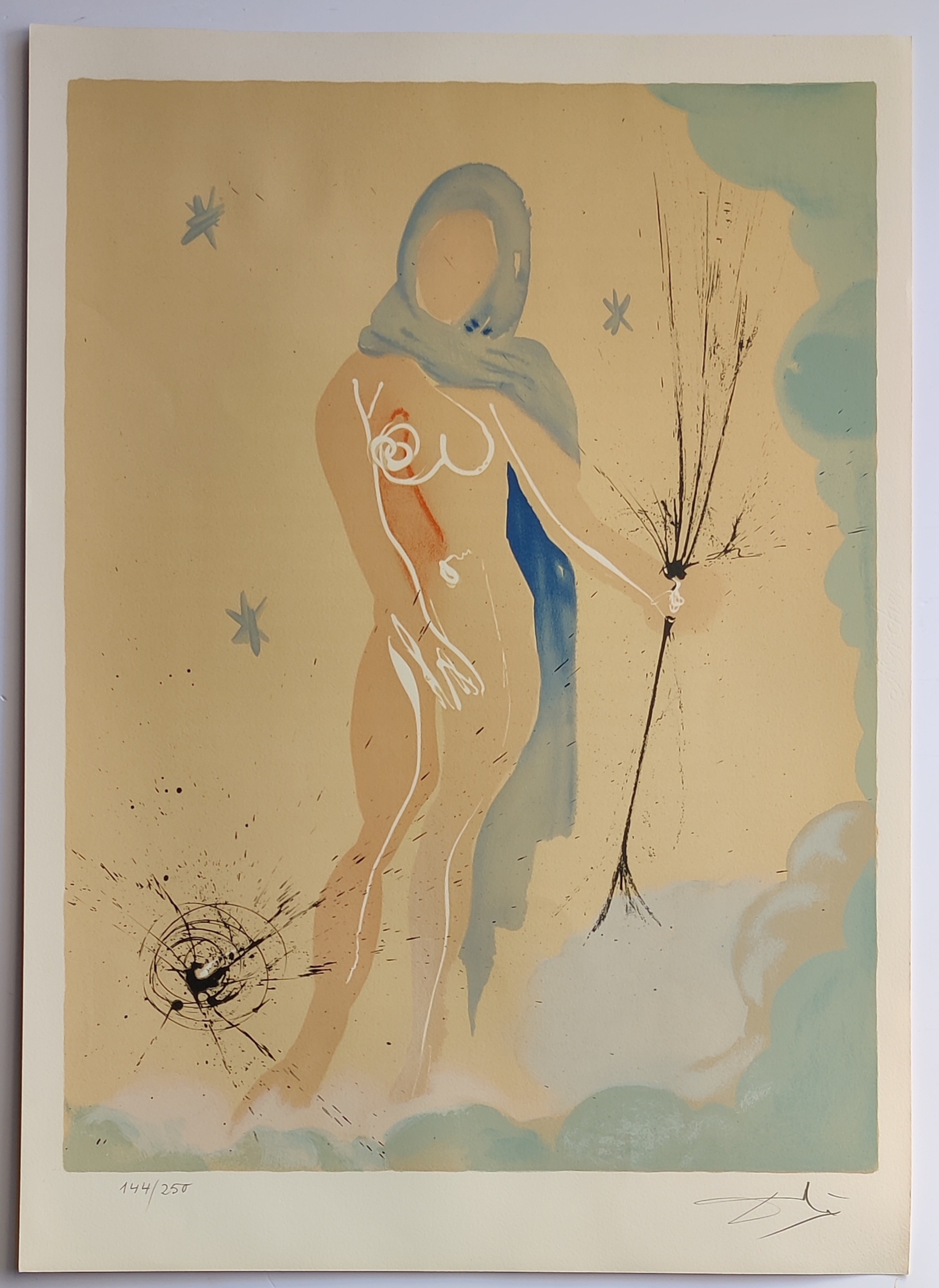A surreal print of a draped figure holding a branch against a starry, dreamlike background.