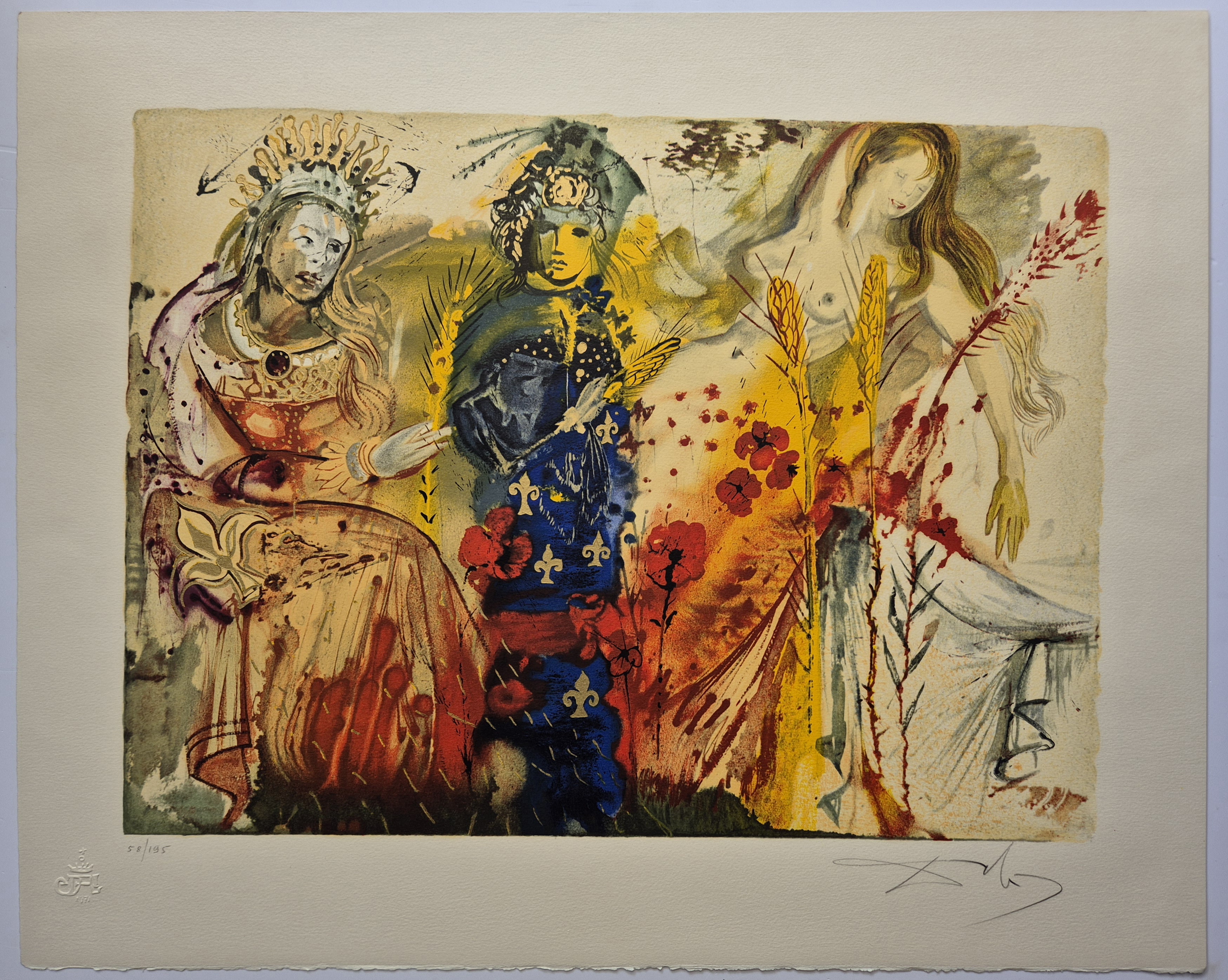 A painting of three women sitting on a bench.