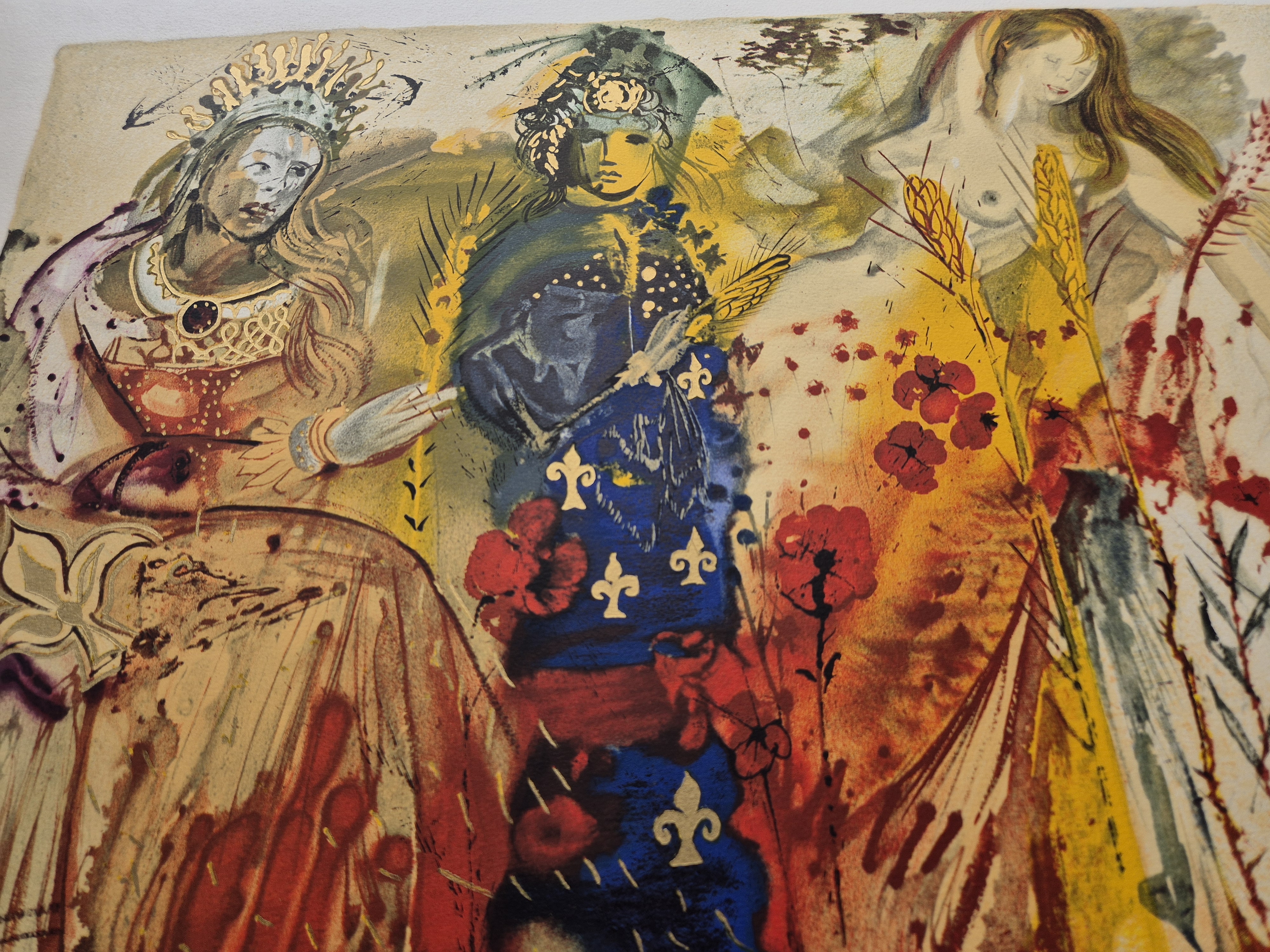 A painting of three women sitting on a bench.