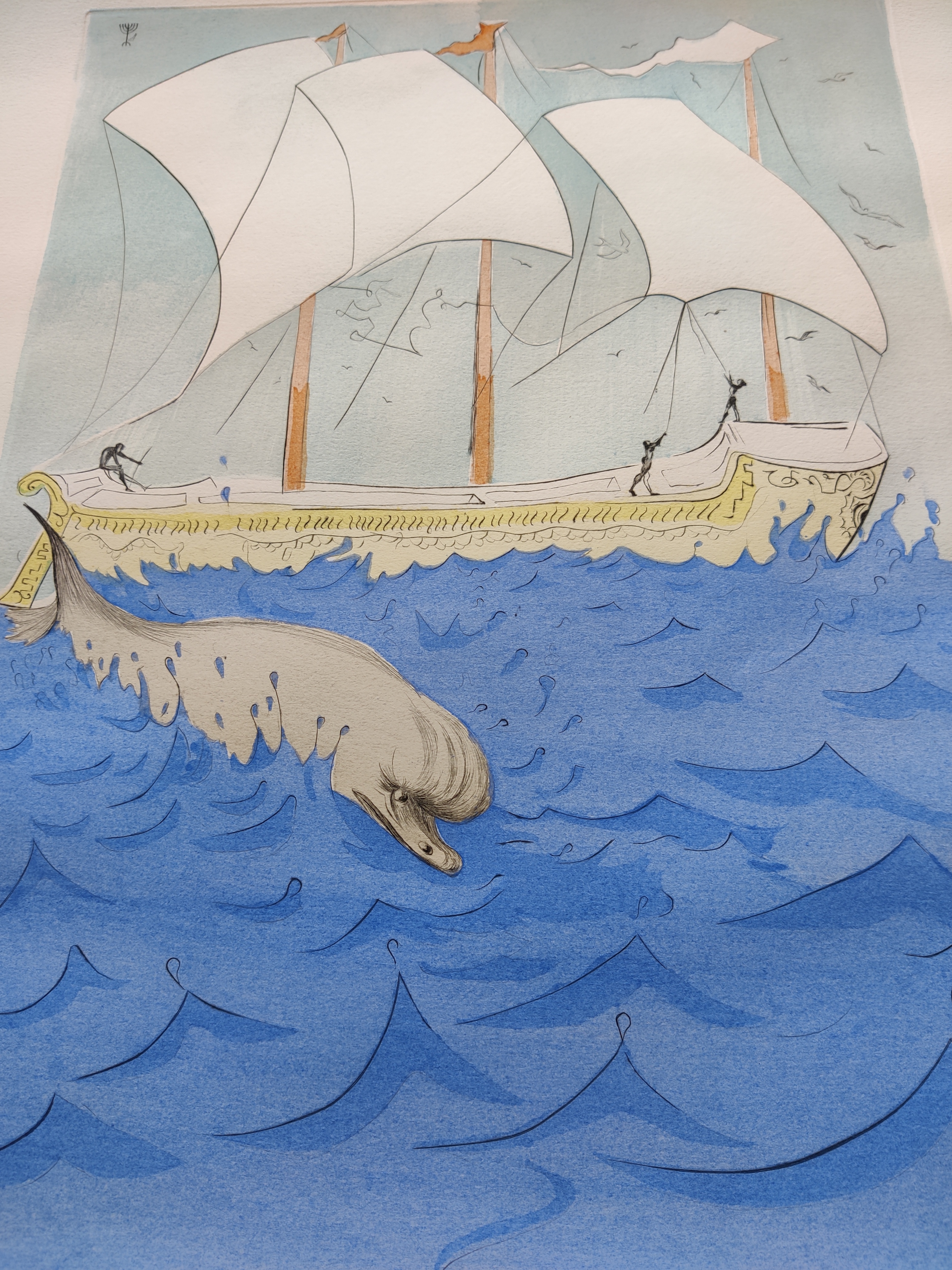 A painting of a whale swimming in the ocean with a sailboat in the background.
