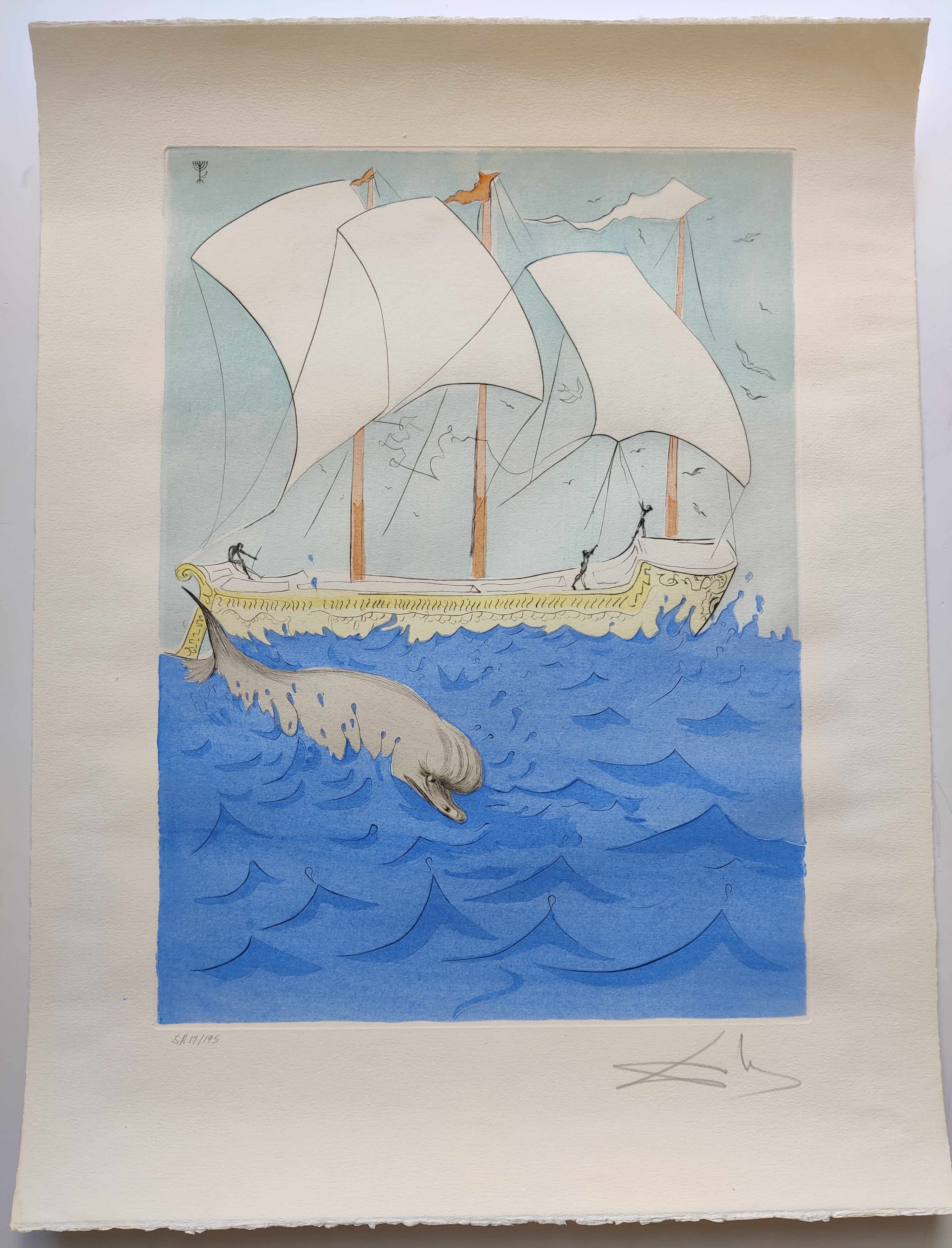 A painting of a whale swimming in the ocean with a sailboat in the background.