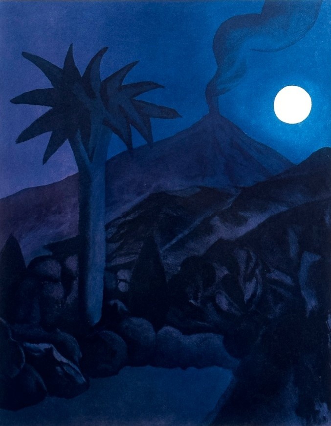 A nocturnal landscape featuring a palm tree, volcanic mountain, and full moon under deep blue tones.