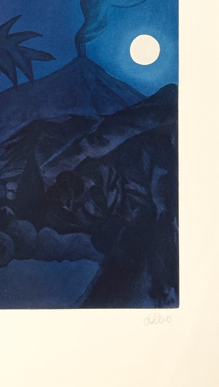 A nocturnal landscape featuring a palm tree, volcanic mountain, and full moon under deep blue tones.