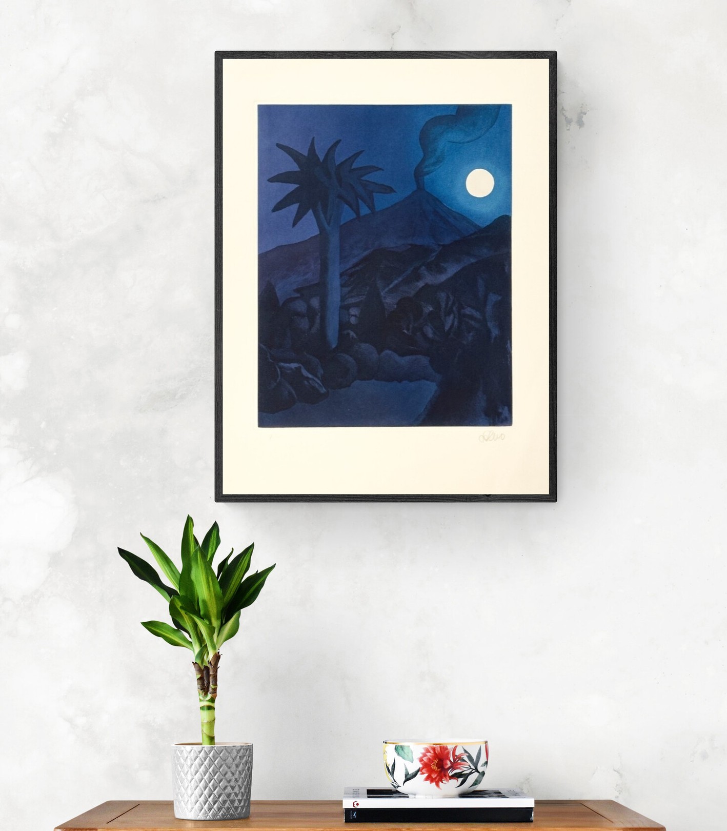 A nocturnal landscape featuring a palm tree, volcanic mountain, and full moon under deep blue tones.
