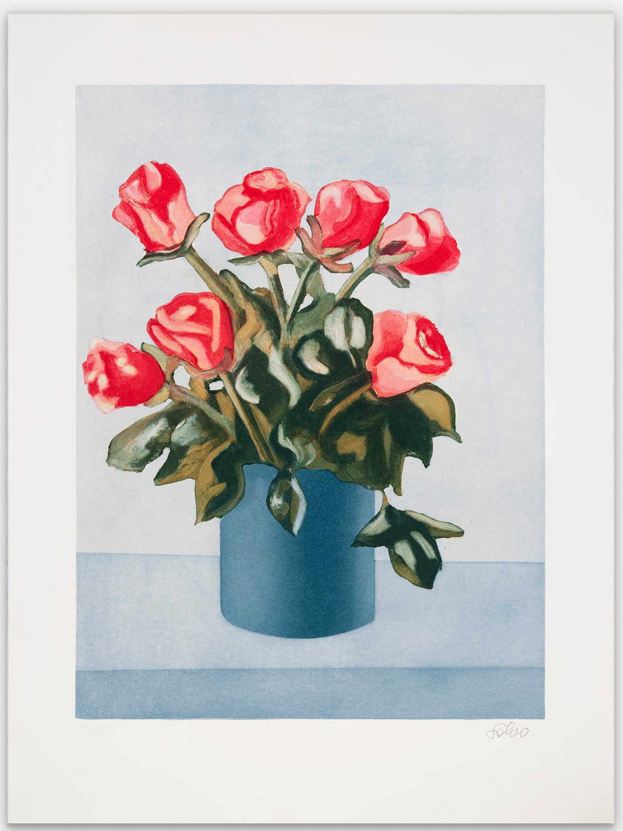A vibrant still life of red roses in a blue vase against a pale blue background.