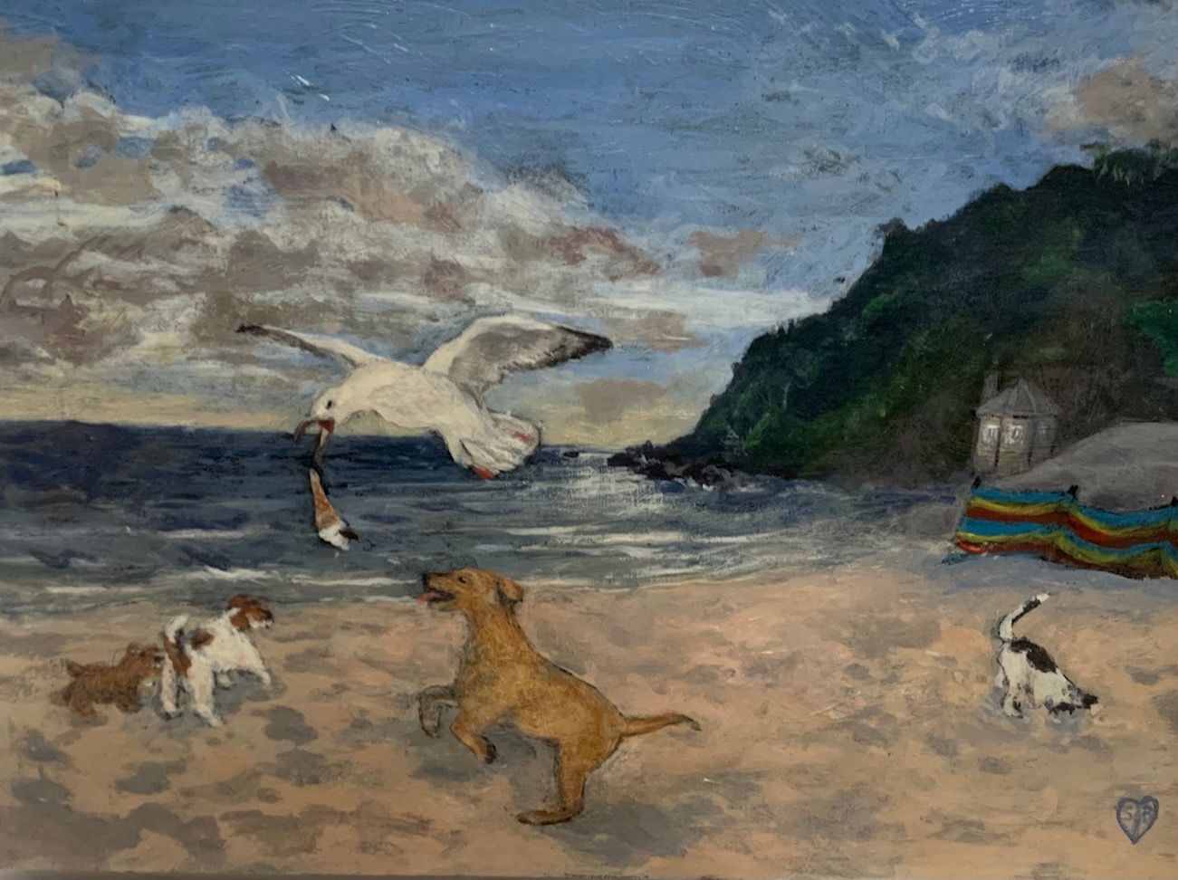 A painting of dogs playing on the beach with a seagull flying overhead.