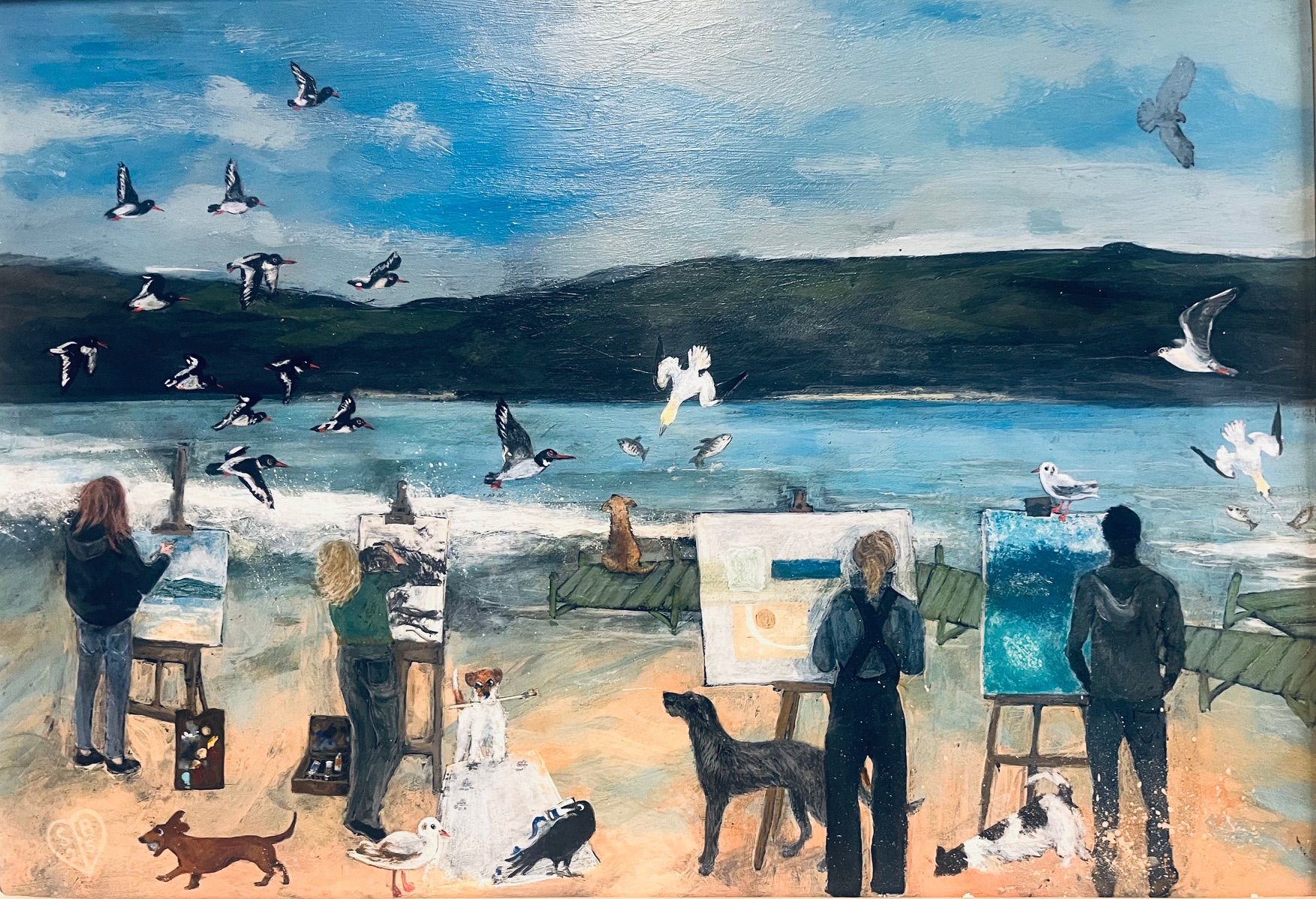 A beach scene filled with figures painting on easels, surrounded by numerous birds and several dogs.