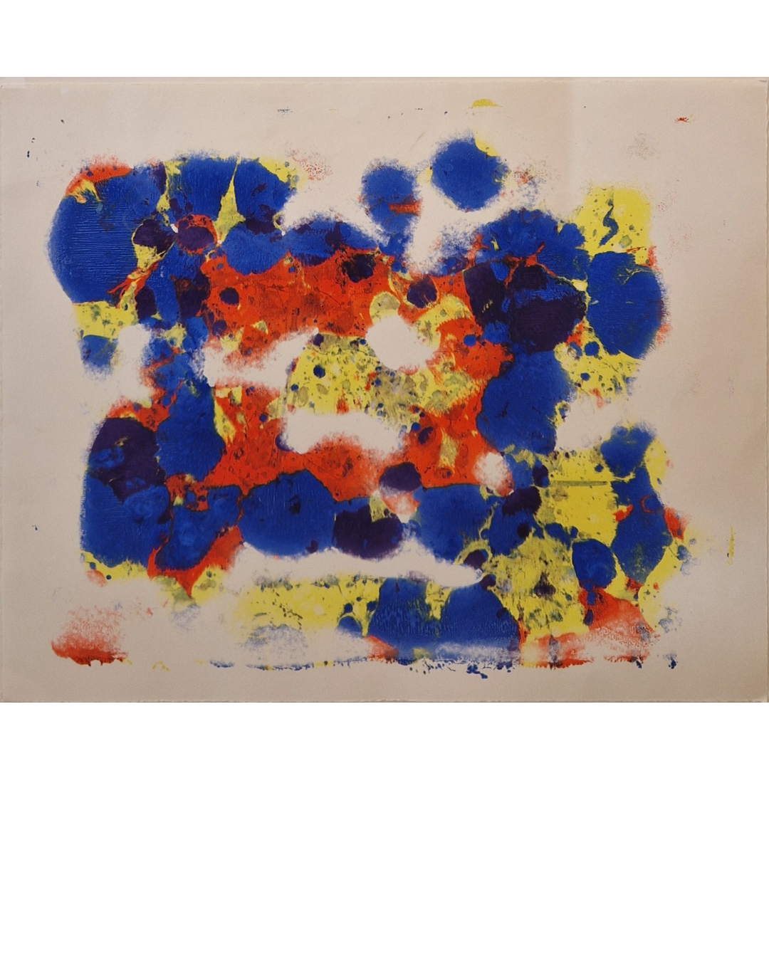 A dynamic abstract composition featuring bold splashes of primary colors on a neutral background.