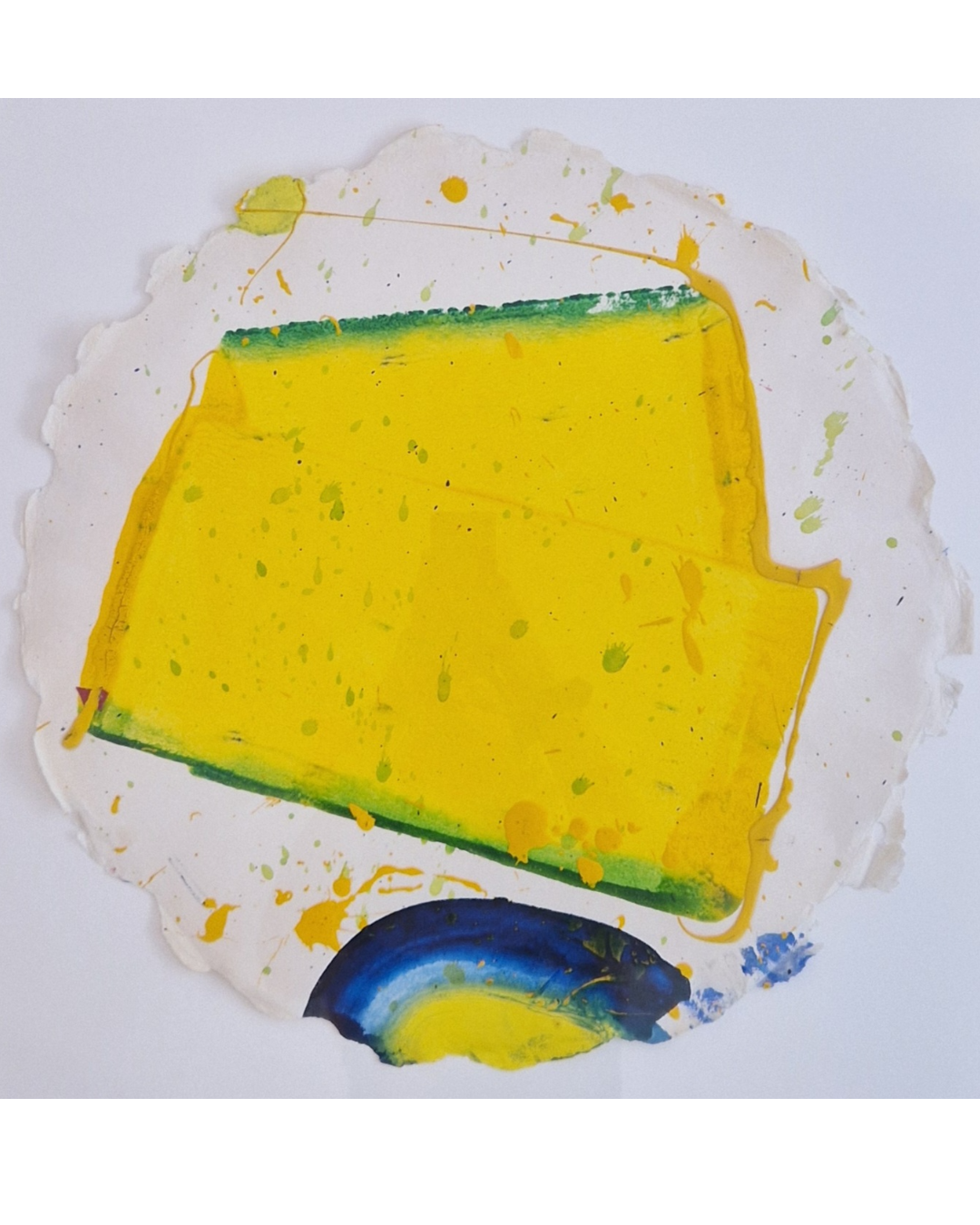 A vibrant abstract composition featuring a yellow block with green edges and a blue curved shape on textured paper.