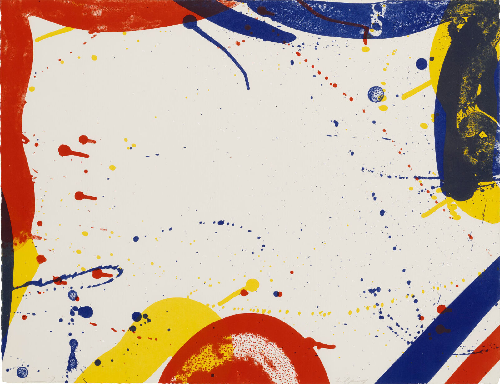 A painting with red, yellow, blue and black paint splatters on a white background.