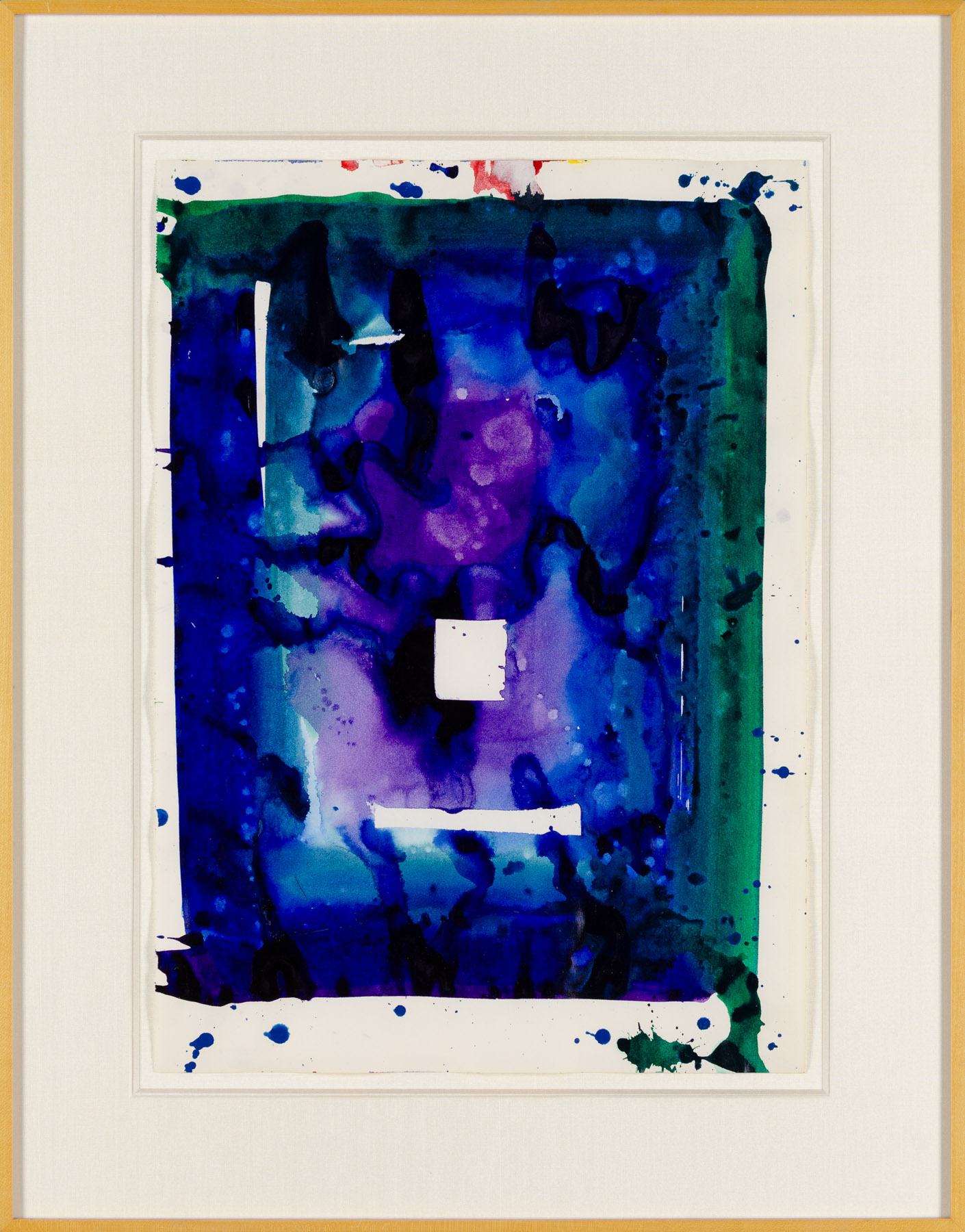 A blue and green painting with a white square in the middle.