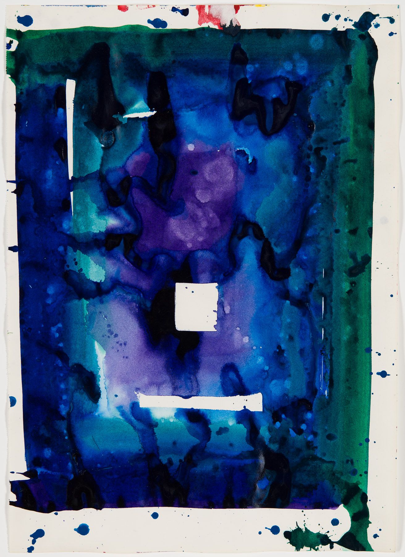 A blue and green painting with a white square in the middle.