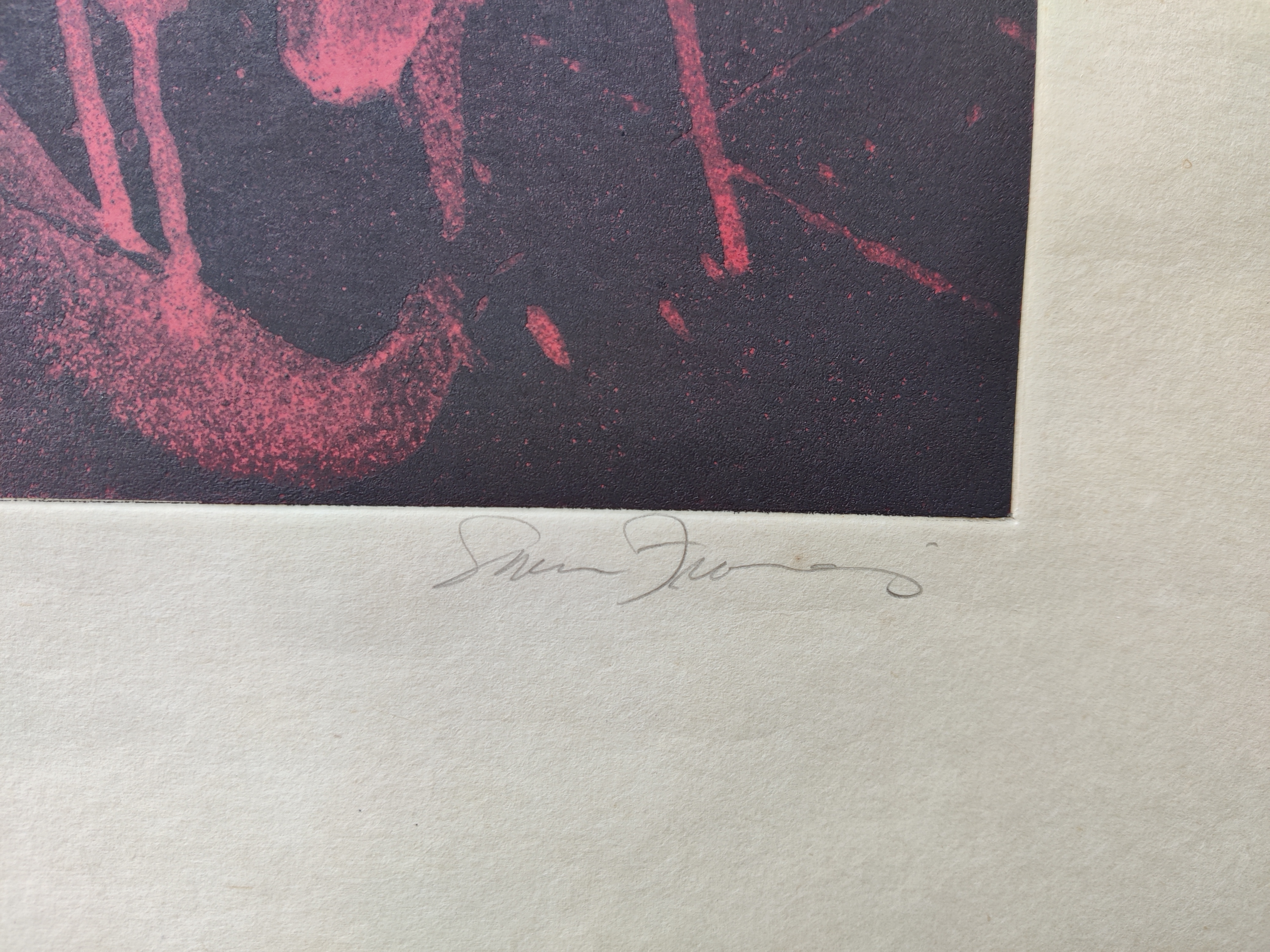 A red and black print on a piece of paper.