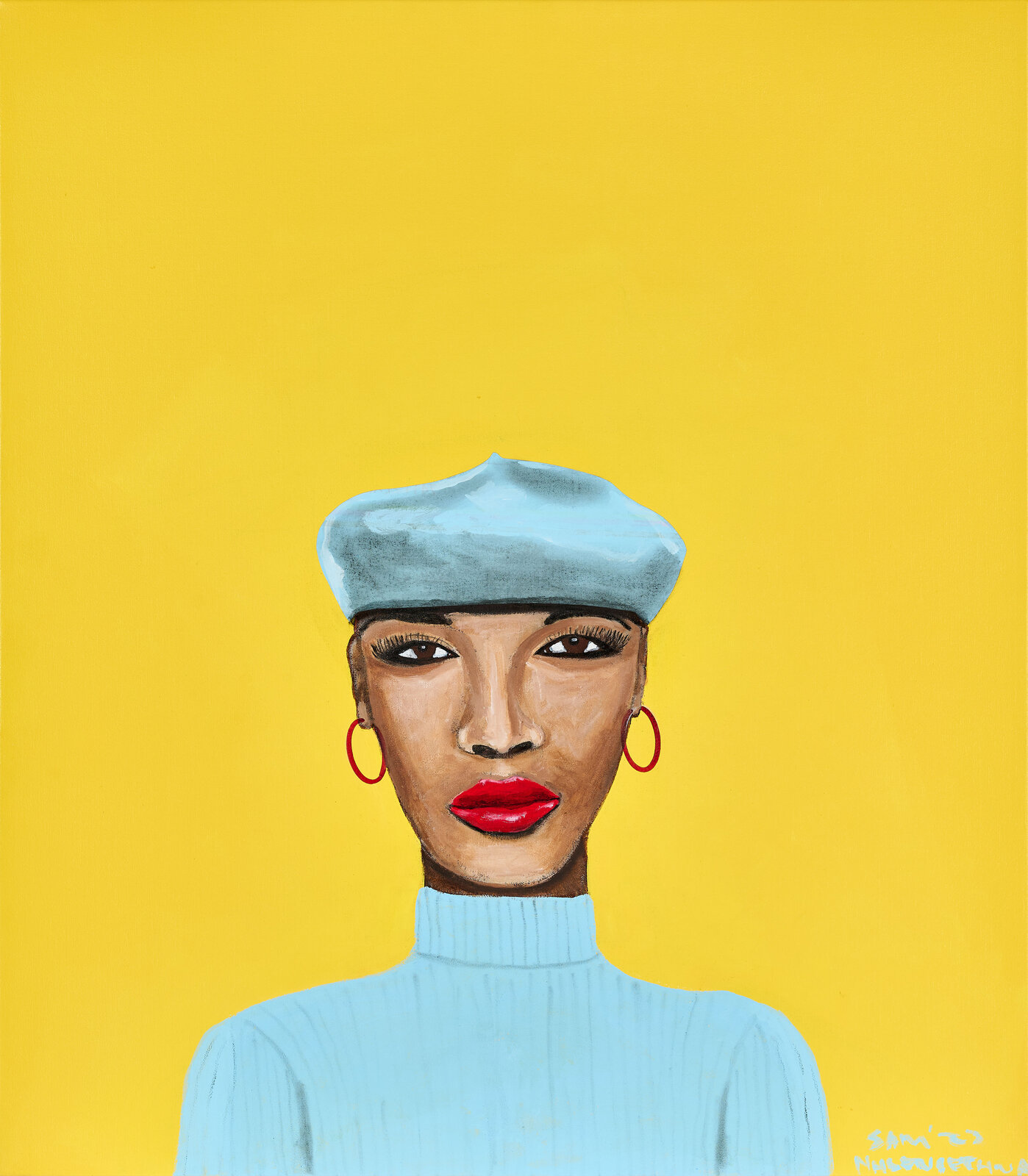 A painting of a woman wearing a blue beret and red lipstick.