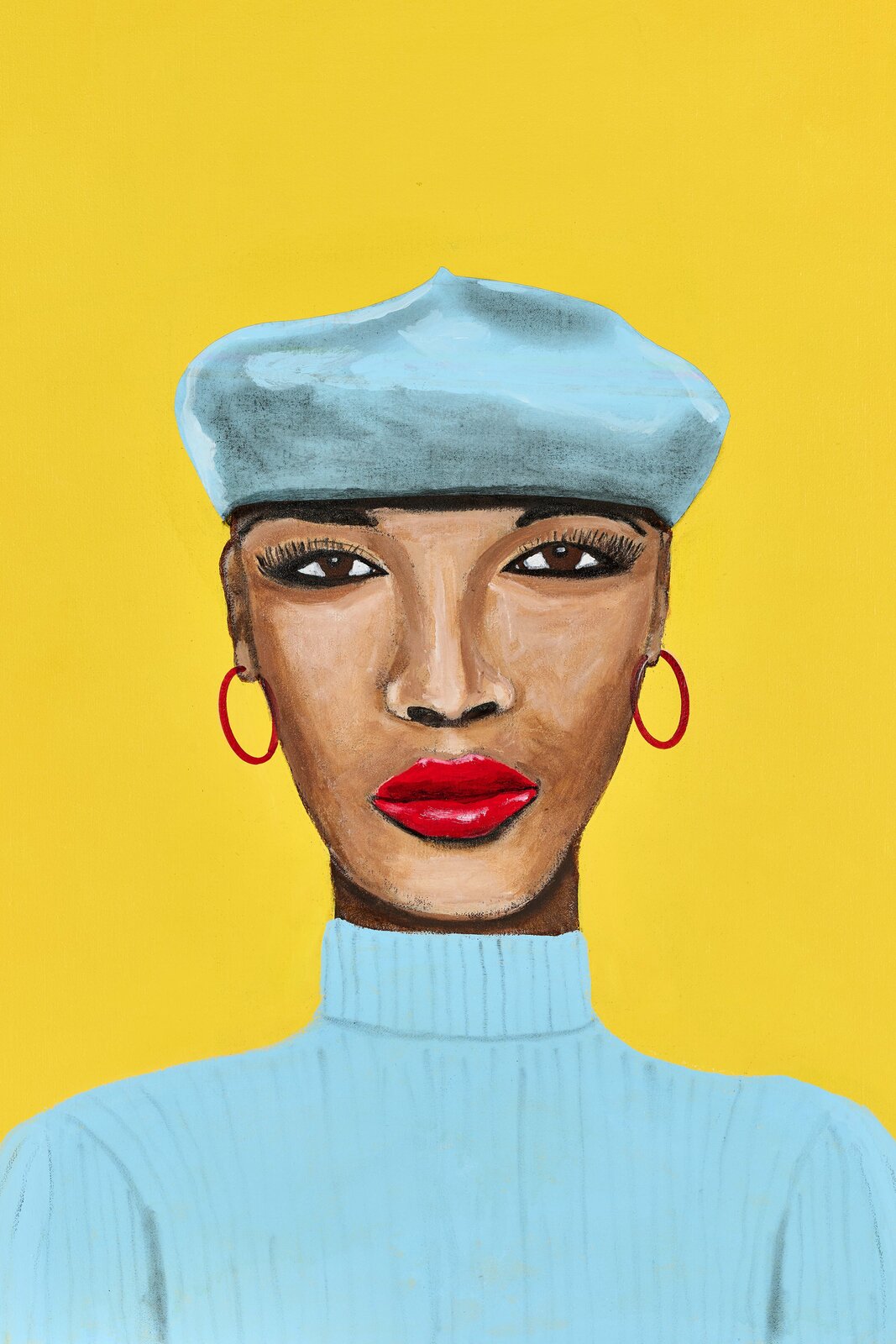 A painting of a woman wearing a blue beret and red lipstick.