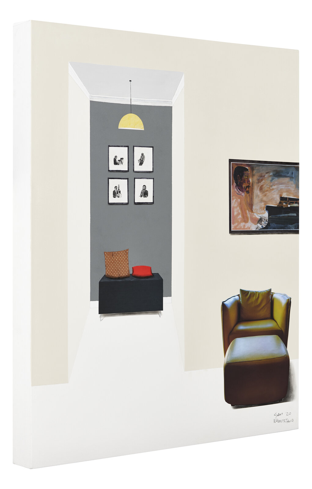 Artwork by Sam Nhlengethwa, The red couch, Made of Mixed media collage and oil paint on canvas 