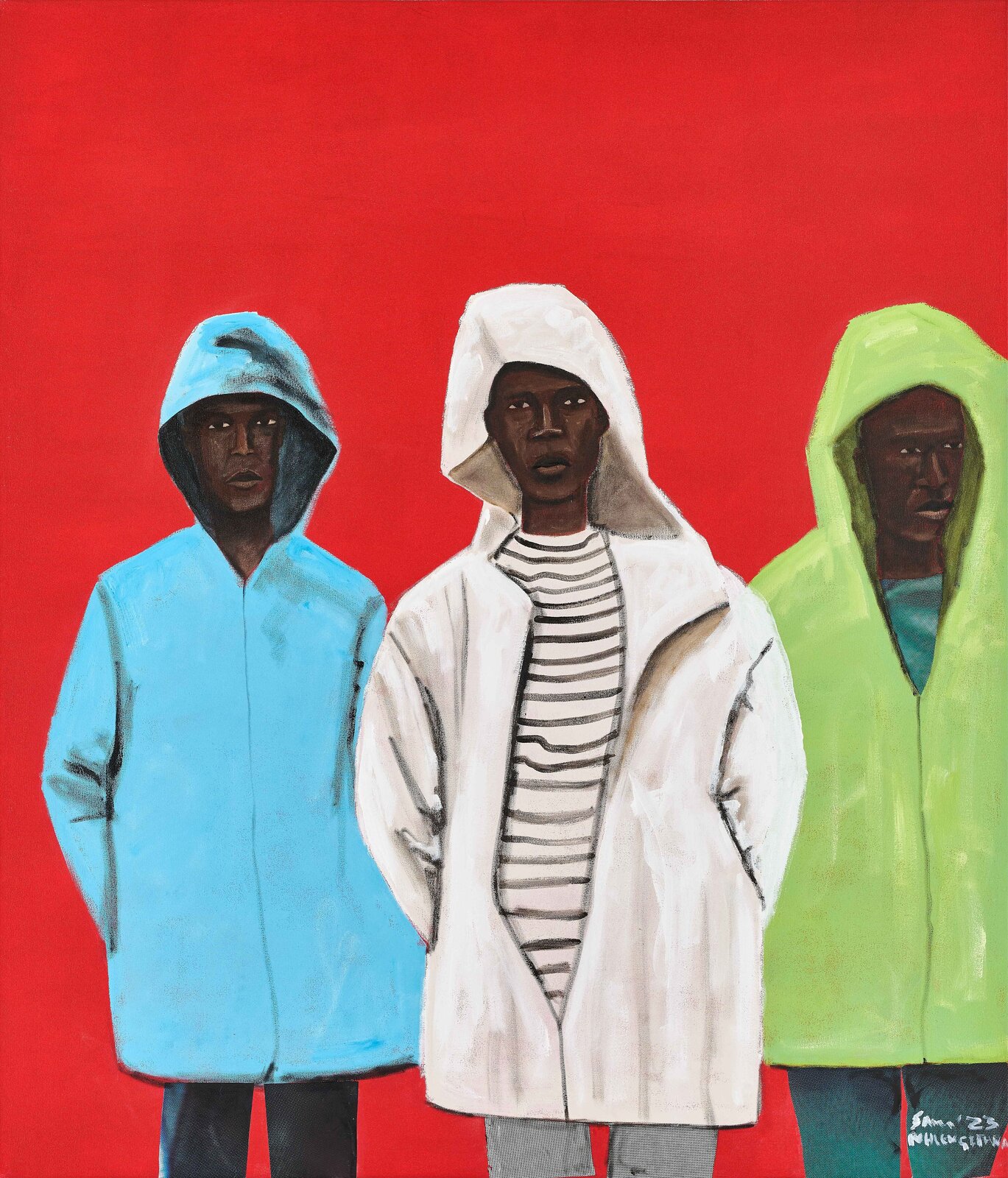 Artwork by Sam Nhlengethwa, Triplets II, Made of Acrylic, Oil and collage on canvas 